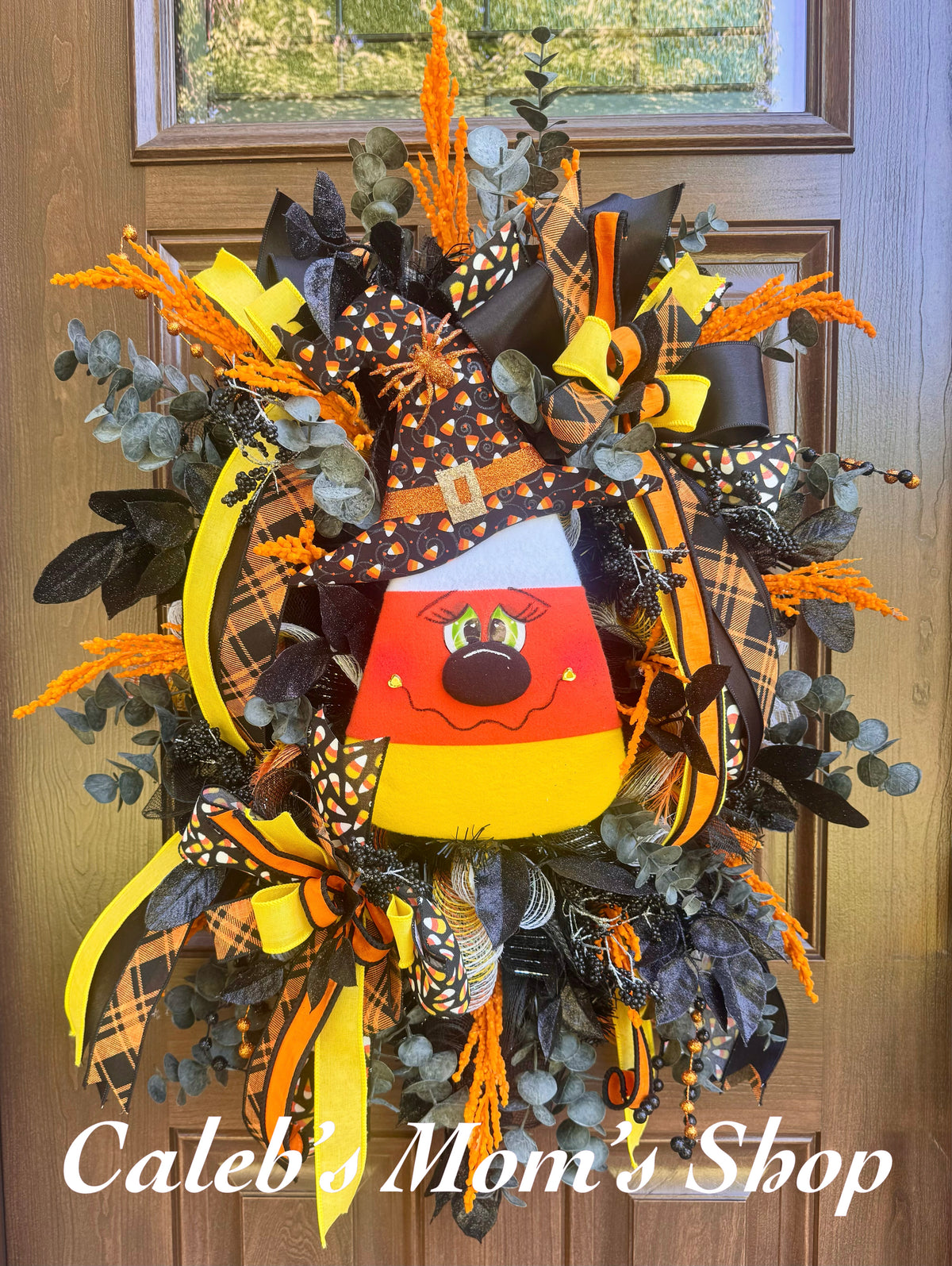 Candy Corn Witch Wreath for Front Door Whimsical Halloween Home Decor for Outdoor Porch or Indoor Office Wall Hanging Halloween Goth Party