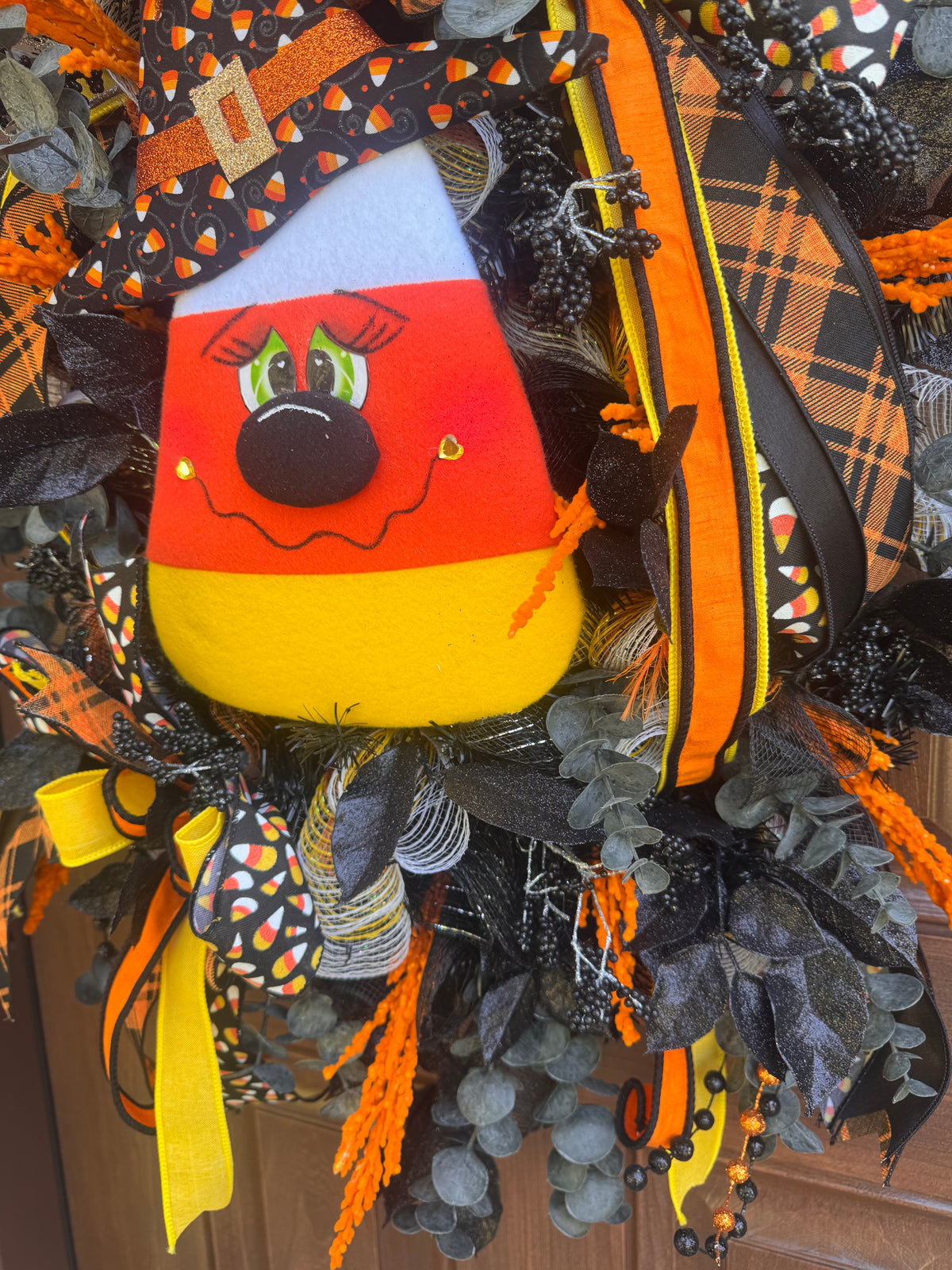 Candy Corn Witch Wreath for Front Door Whimsical Halloween Home Decor for Outdoor Porch or Indoor Office Wall Hanging Halloween Goth Party