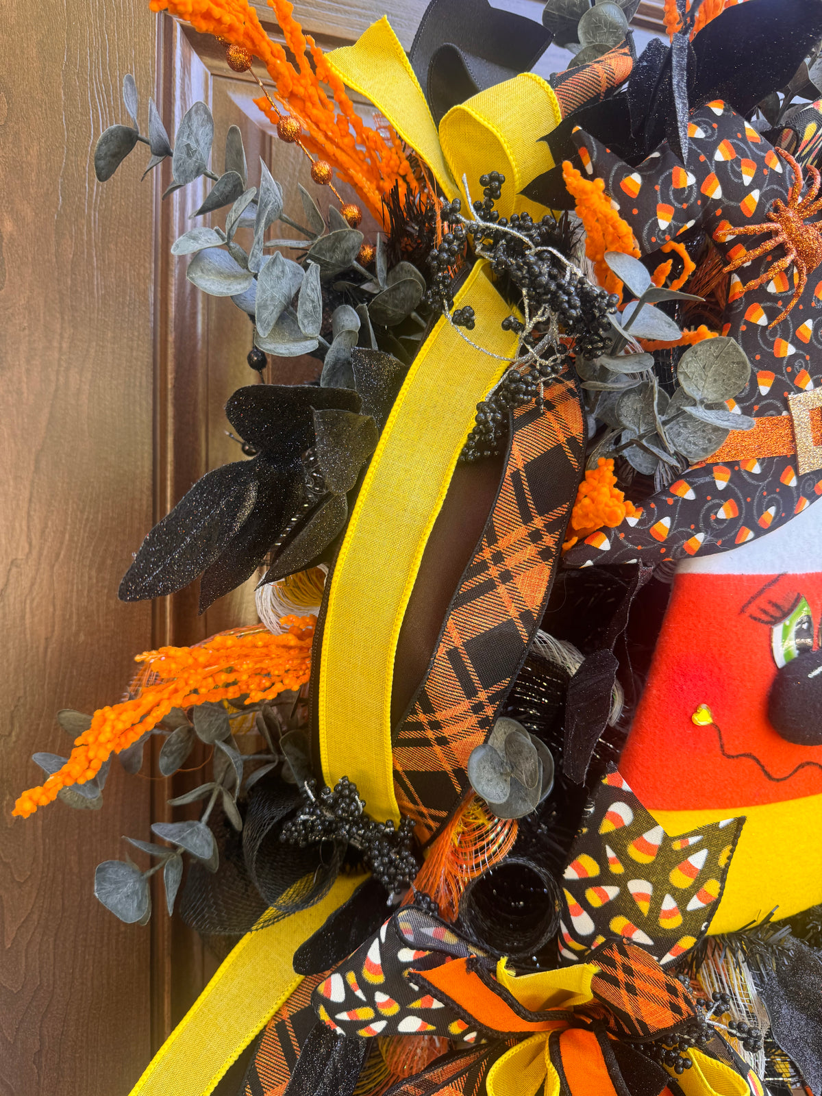 Candy Corn Witch Wreath for Front Door Whimsical Halloween Home Decor for Outdoor Porch or Indoor Office Wall Hanging Halloween Goth Party