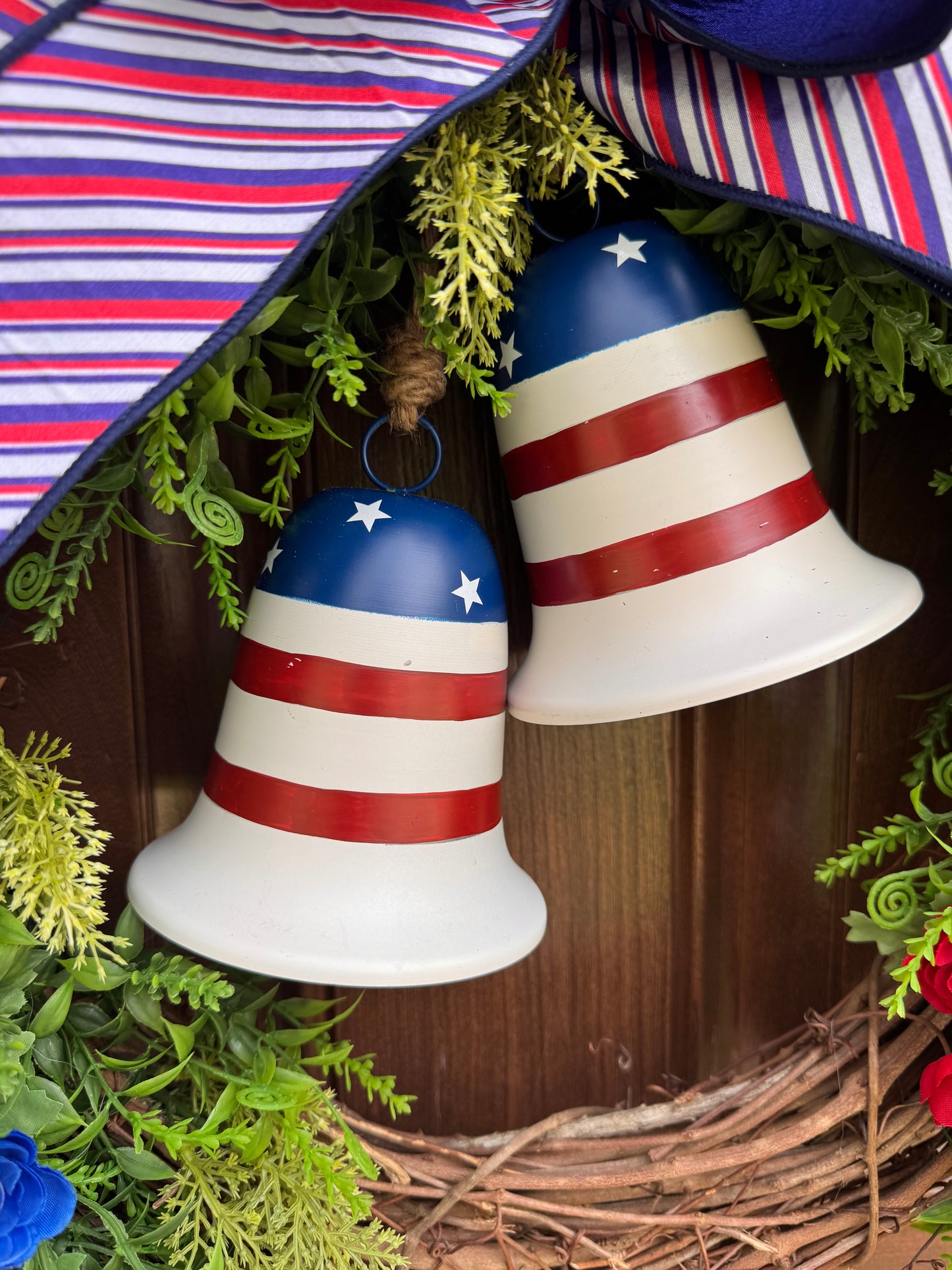 Patriotic Grapevine Wreath with Bells, Red White Blue Front Door Wreath, Americana Summer Door Decor
