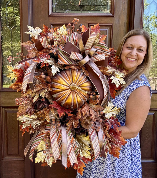Copper Fall Pumpkin Wreath | XL Autumn Front Door Decor | Large Outdoor & Indoor Fall Wreath