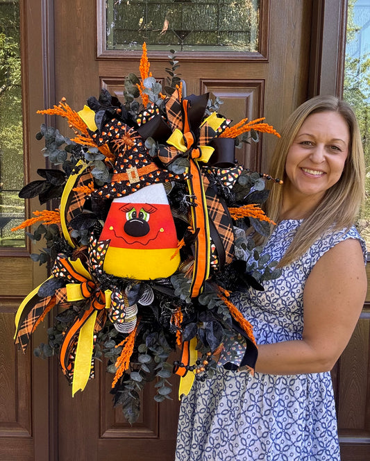 Candy Corn Witch Wreath for Front Door Whimsical Halloween Home Decor for Outdoor Porch or Indoor Office Wall Hanging Halloween Goth Party