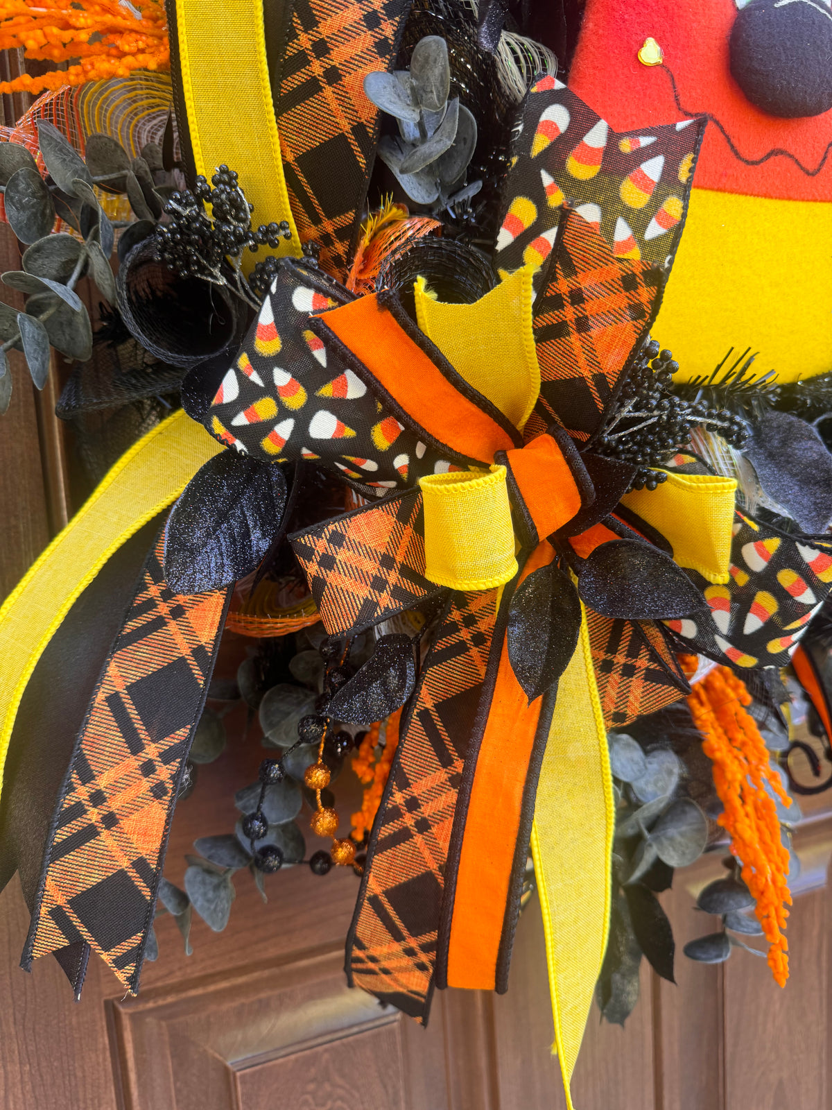 Candy Corn Witch Wreath for Front Door Whimsical Halloween Home Decor for Outdoor Porch or Indoor Office Wall Hanging Halloween Goth Party