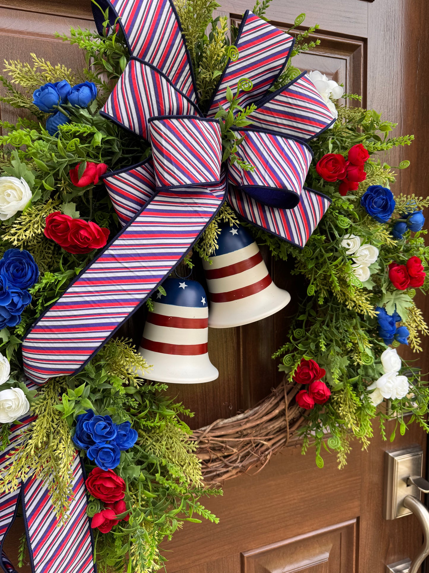Patriotic Grapevine Wreath with Bells, Red White Blue Front Door Wreath, Americana Summer Door Decor