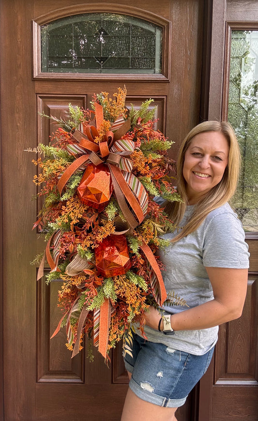 Rustic Fall Jewel Swag Wreath for Front Door with Copper Accents