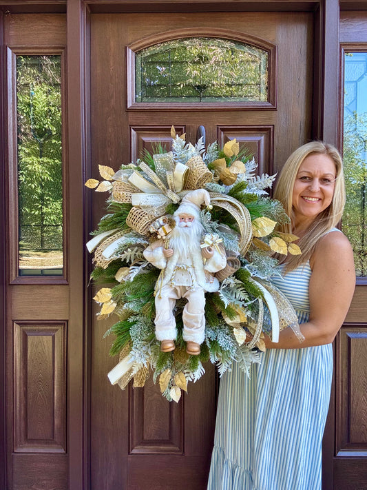 Elegant Santa Christmas Swag Wreath – White & Gold Holiday Door Decor
