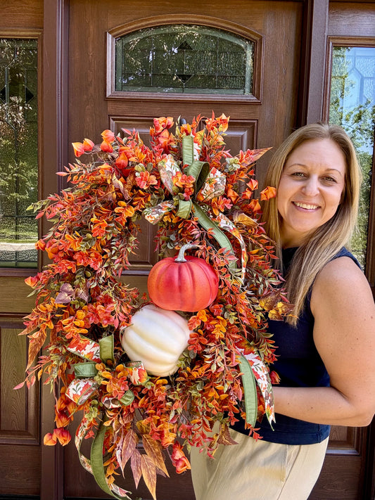 Fall Pumpkin Grapevine Wreath | Handmade Autumn Front Door Decor