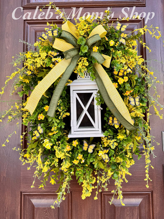Spring Lantern Moss Wreath with Yellow Butterflies – Cottage Front Door Decor, Mother’s Day Gift