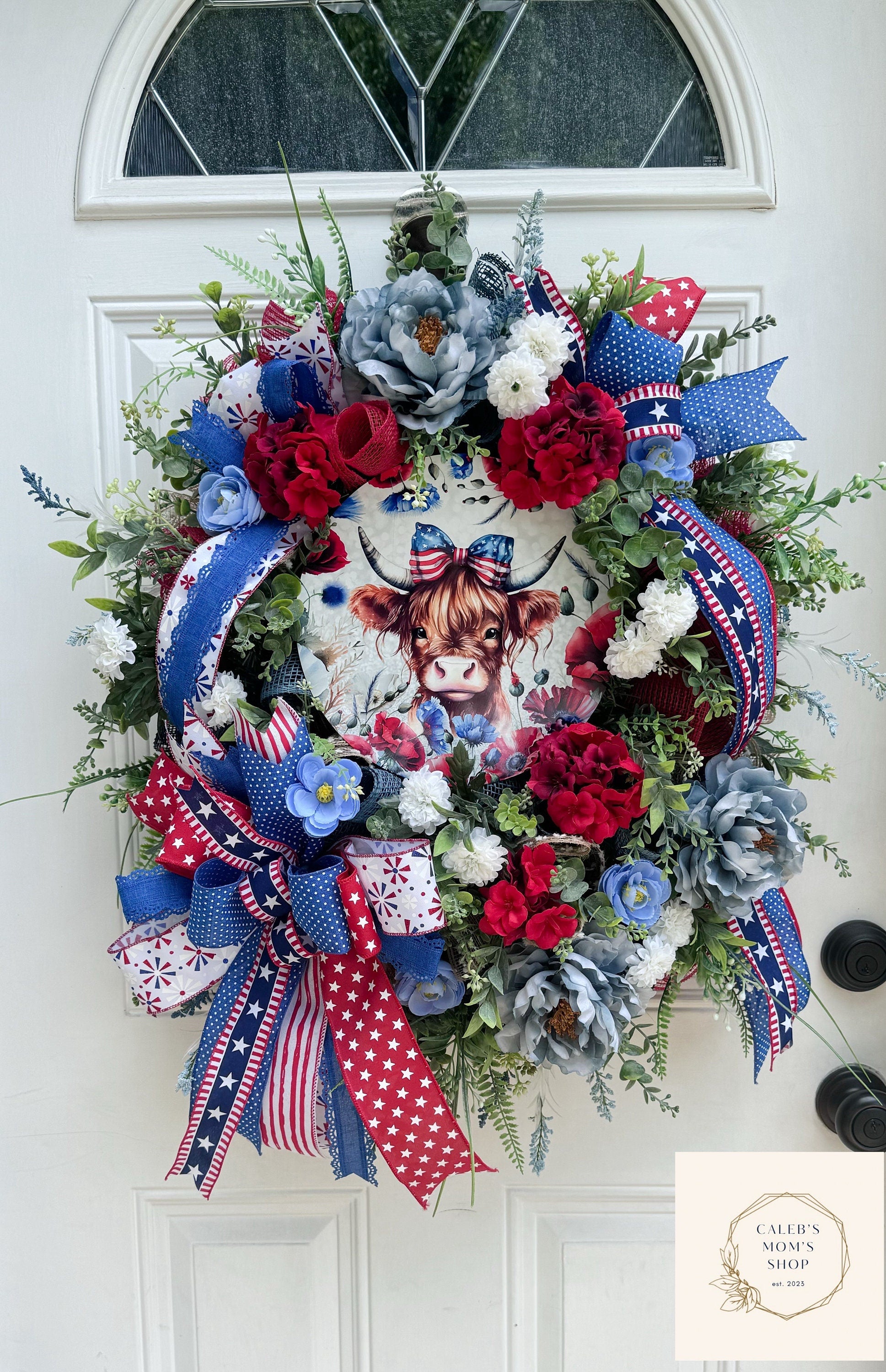 Highland Cow Wreath for Front Door Patriotic Deco Mesh Home Decor for Outdoor Porch or Indoor Office Hanging Farmhouse Cow Wreath Labor Day