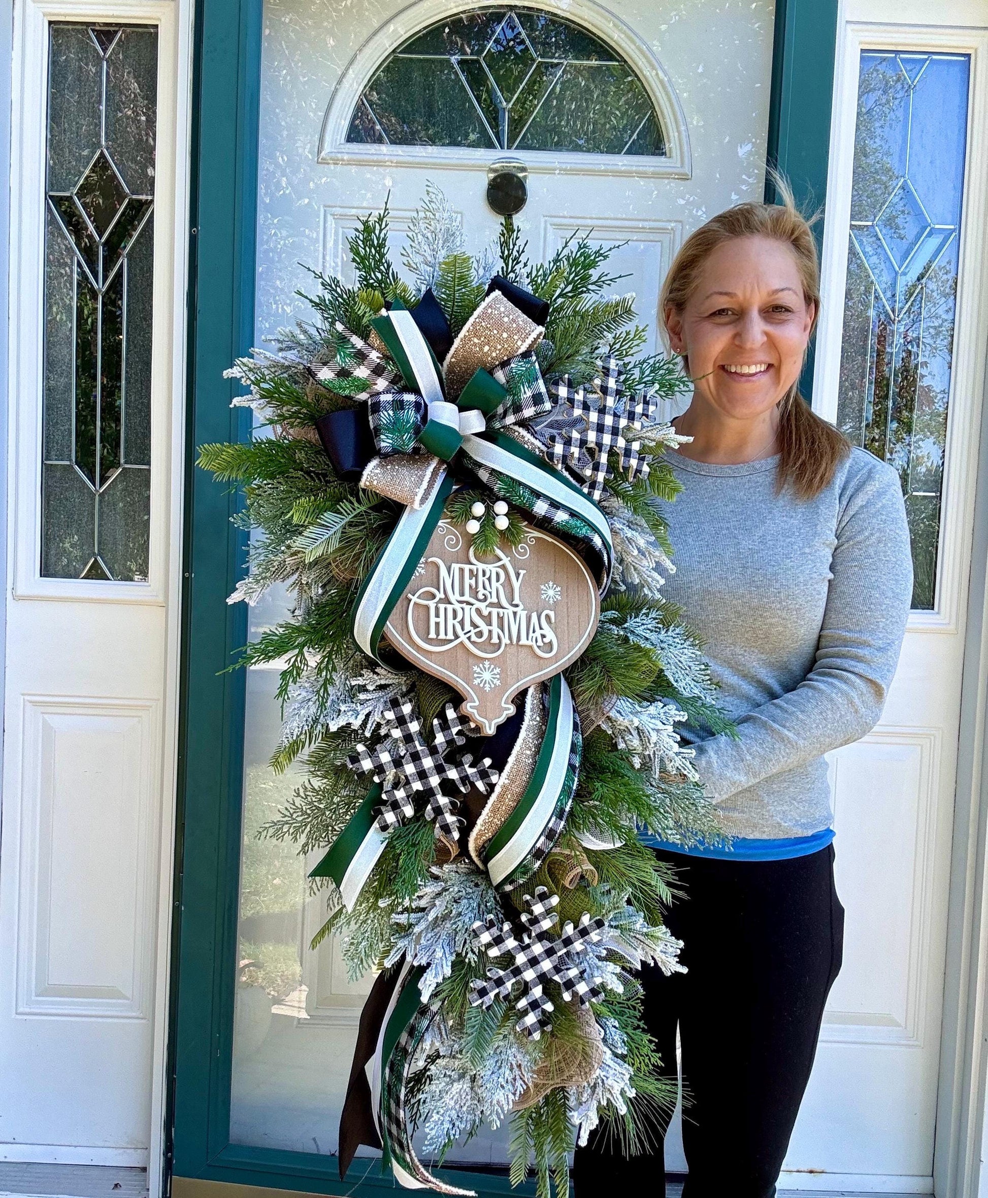 Woodland Merry Christmas Teardrop Swag Wreath Rustic Outdoor Porch Seasonal Holiday Decor for House or Gift Handmade Home Decor for Doors