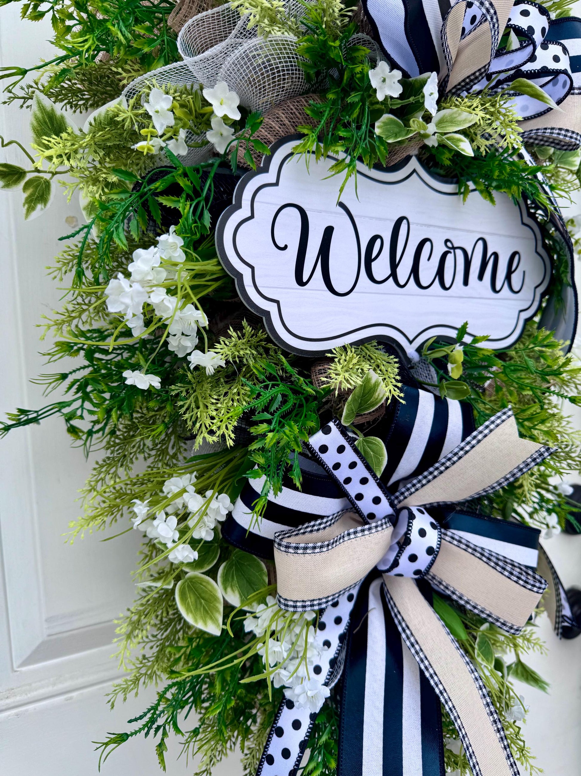 Neutral Welcome Wreath for Front Door, Everyday Home Decor for Outdoor Porch or Indoor Office Wall Hanging, Farmhouse Country Wall Hanger