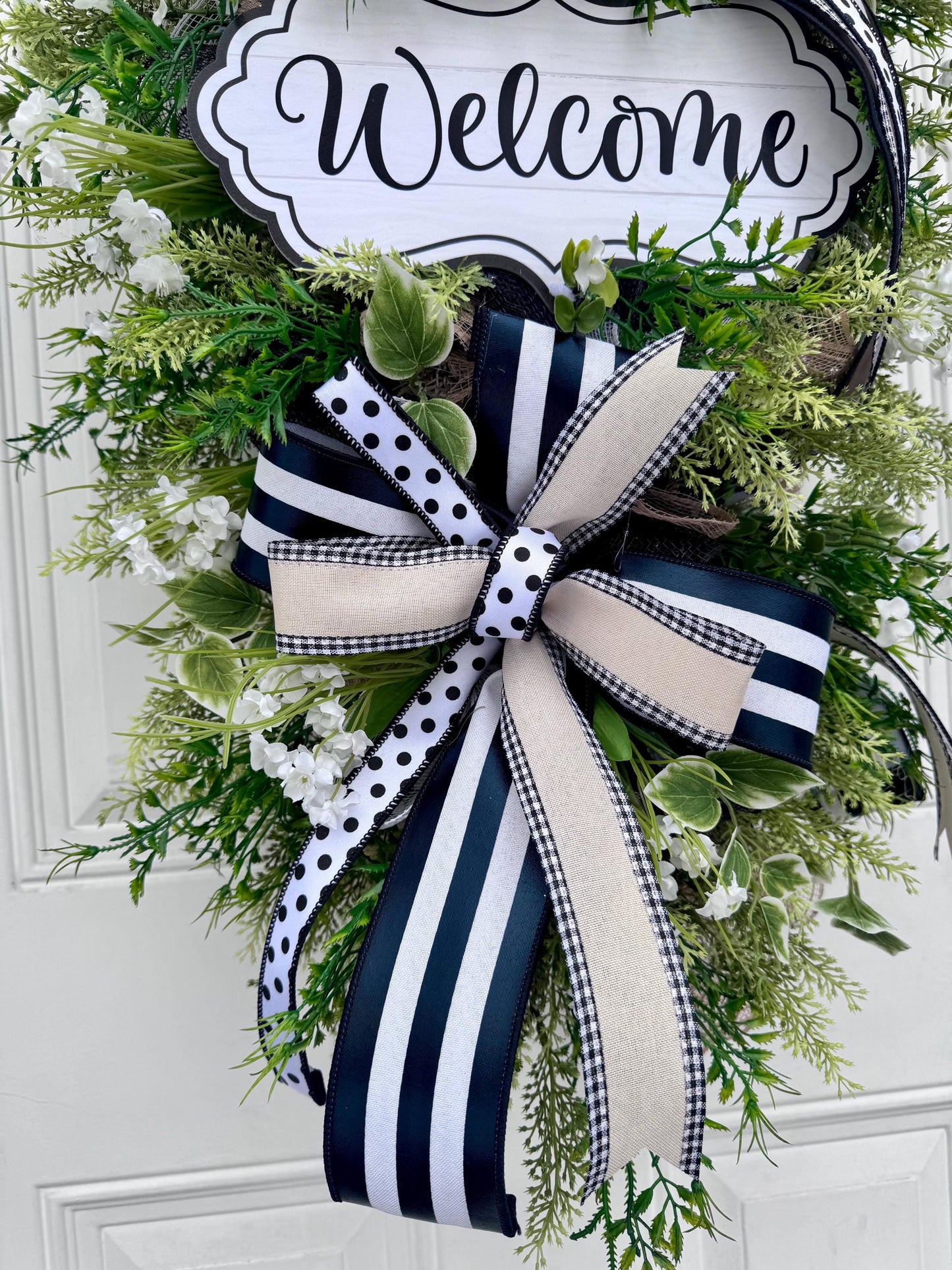 Neutral Welcome Wreath for Front Door, Everyday Home Decor for Outdoor Porch or Indoor Office Wall Hanging, Farmhouse Country Wall Hanger