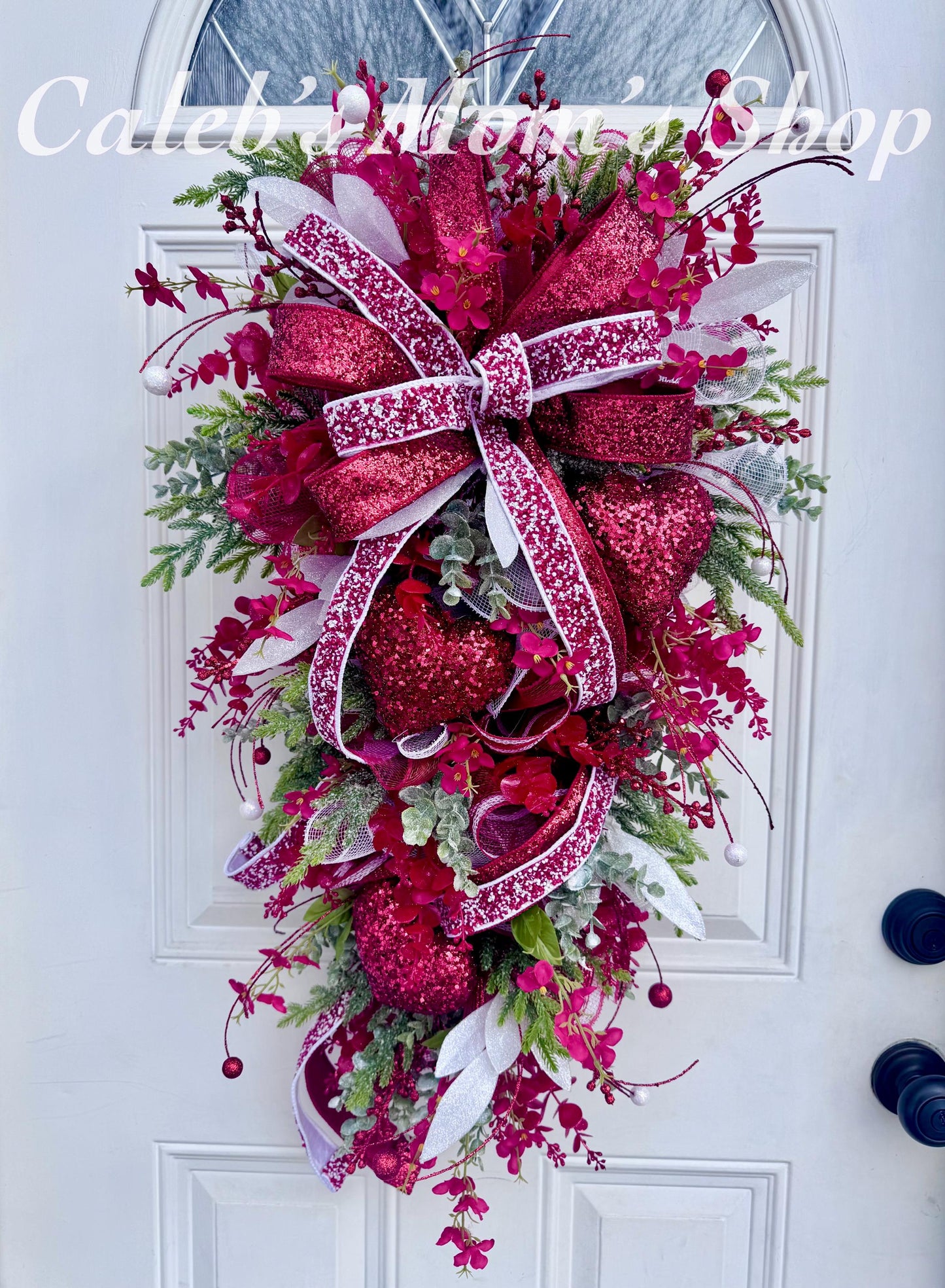 Elegant Valentines Day Swag Wreath for Door, Glam Red Heart Wreath Home Decor, Red and White Valentine Wall Hanger