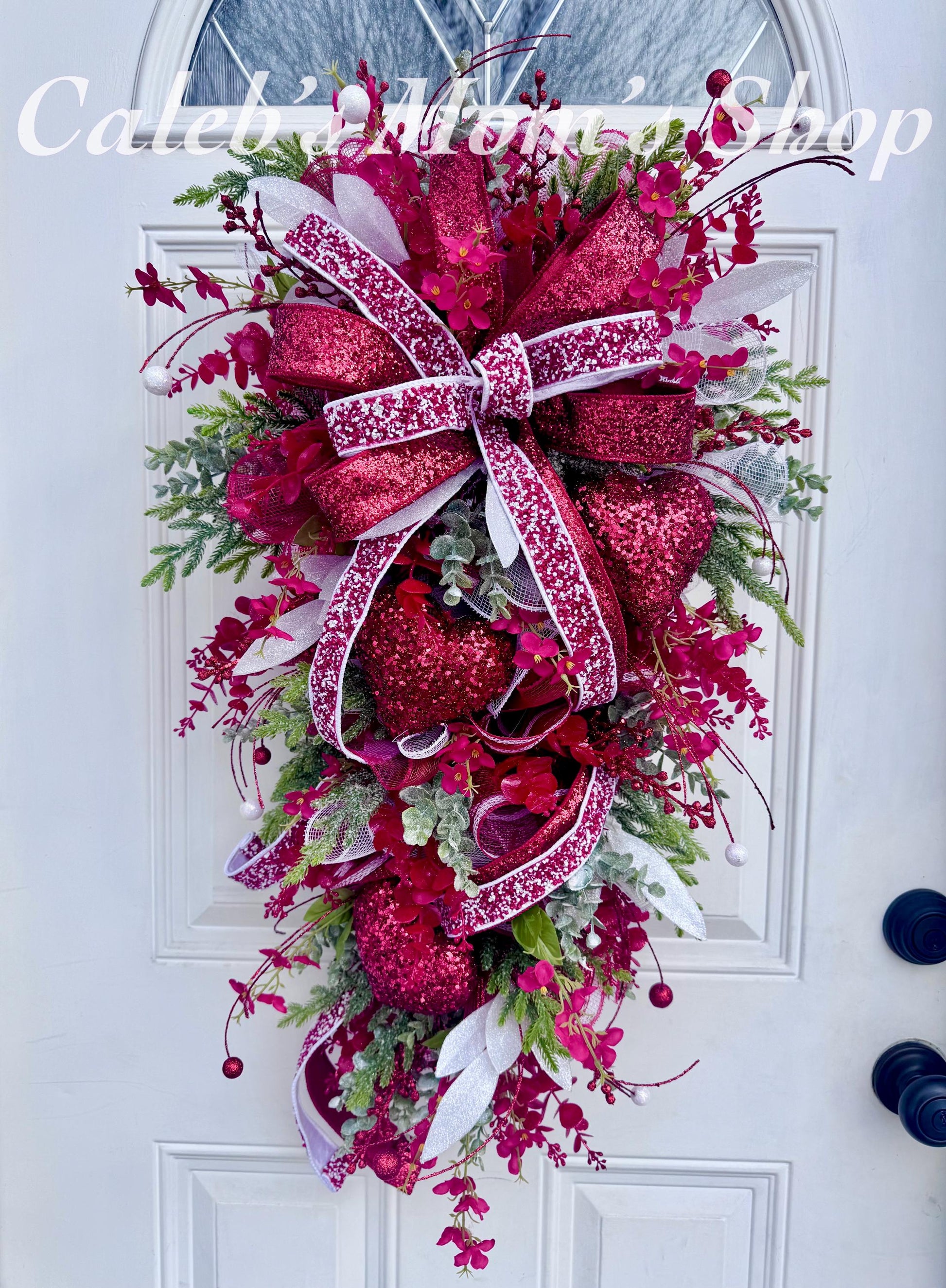 Elegant Valentines Day Swag Wreath for Door, Glam Red Heart Wreath Home Decor, Red and White Valentine Wall Hanger