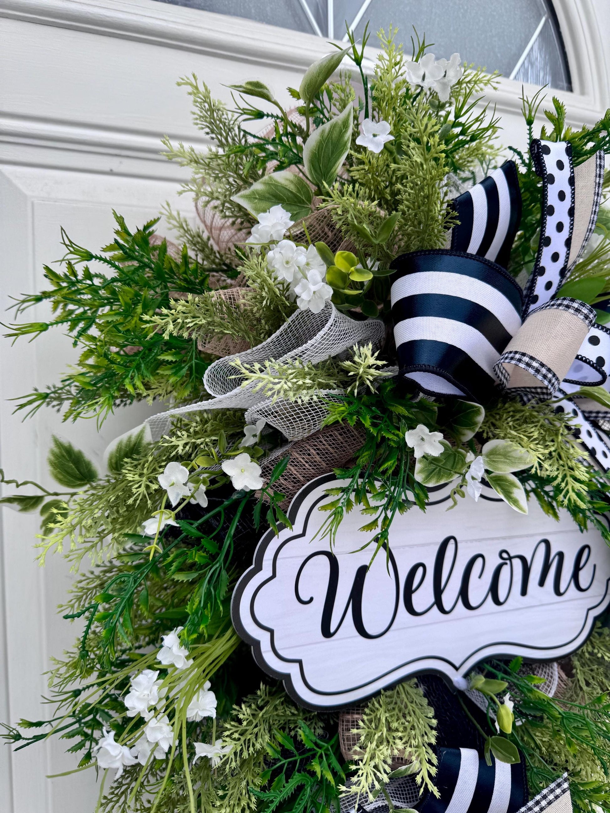 Neutral Welcome Wreath for Front Door, Everyday Home Decor for Outdoor Porch or Indoor Office Wall Hanging, Farmhouse Country Wall Hanger
