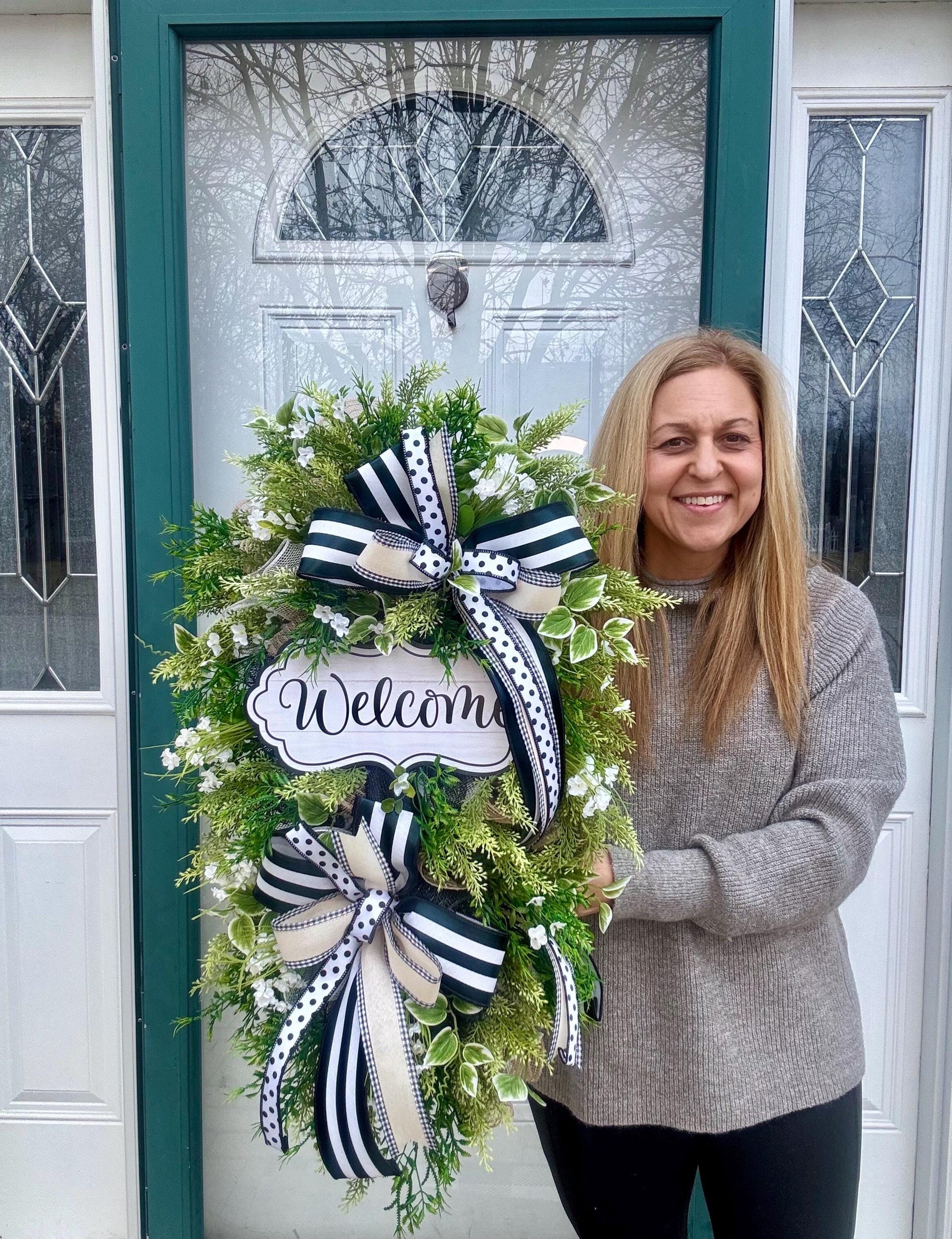 Neutral Welcome Wreath for Front Door, Everyday Home Decor for Outdoor Porch or Indoor Office Wall Hanging, Farmhouse Country Wall Hanger