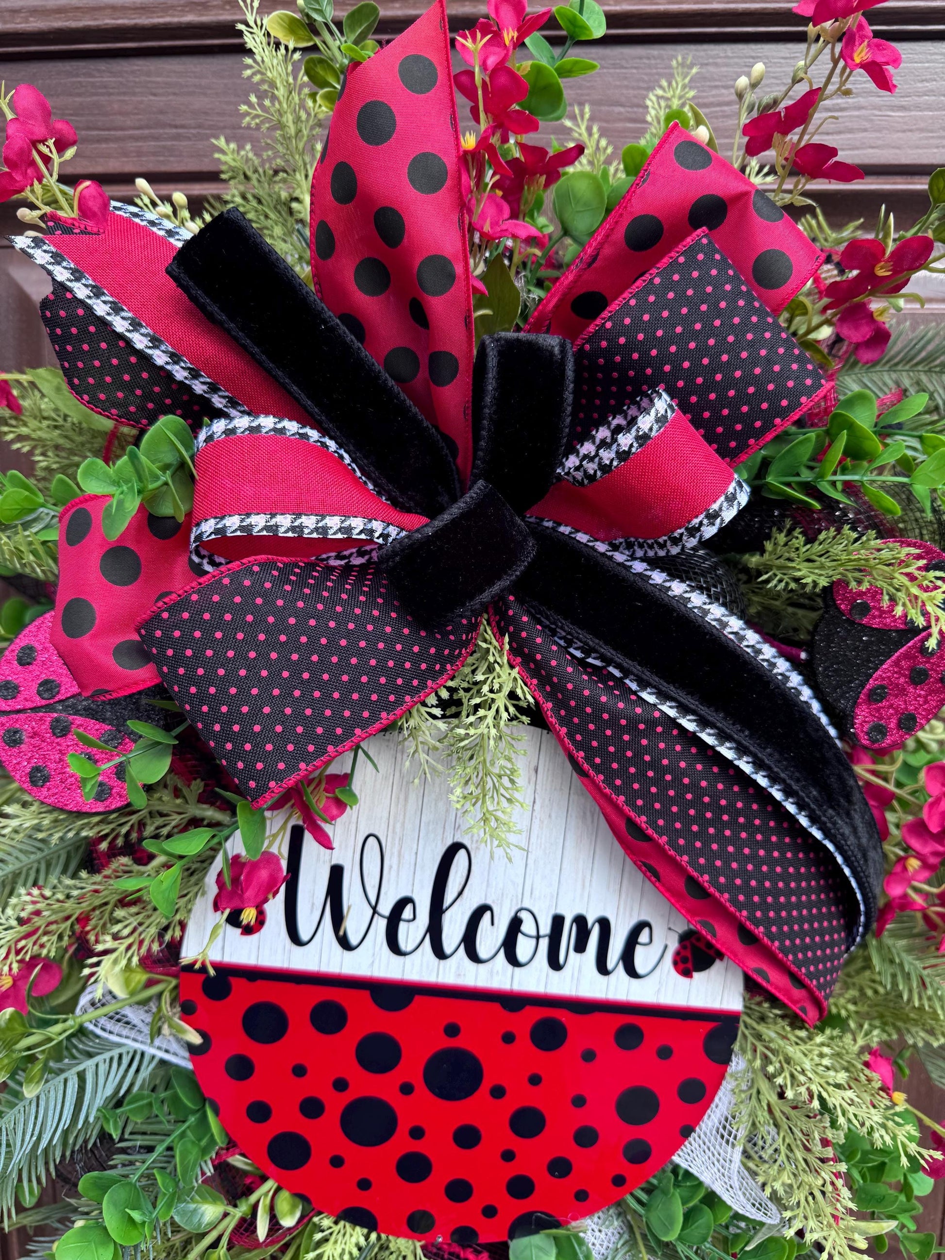 Ladybug Swag Wreath for Front Door, Spring Summer Wreath for Outdoor Porch or Indoor Office Wall Hanging, Summer Home Decor for Front Entry