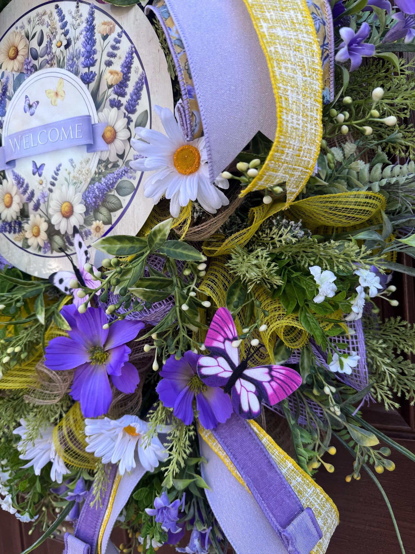 Spring Welcome Wreath for Front Door, Lavender Daisy Butterfly Wreath, Outdoor Porch Floral Wall Hanging Decor, Summer Home Decor Accent