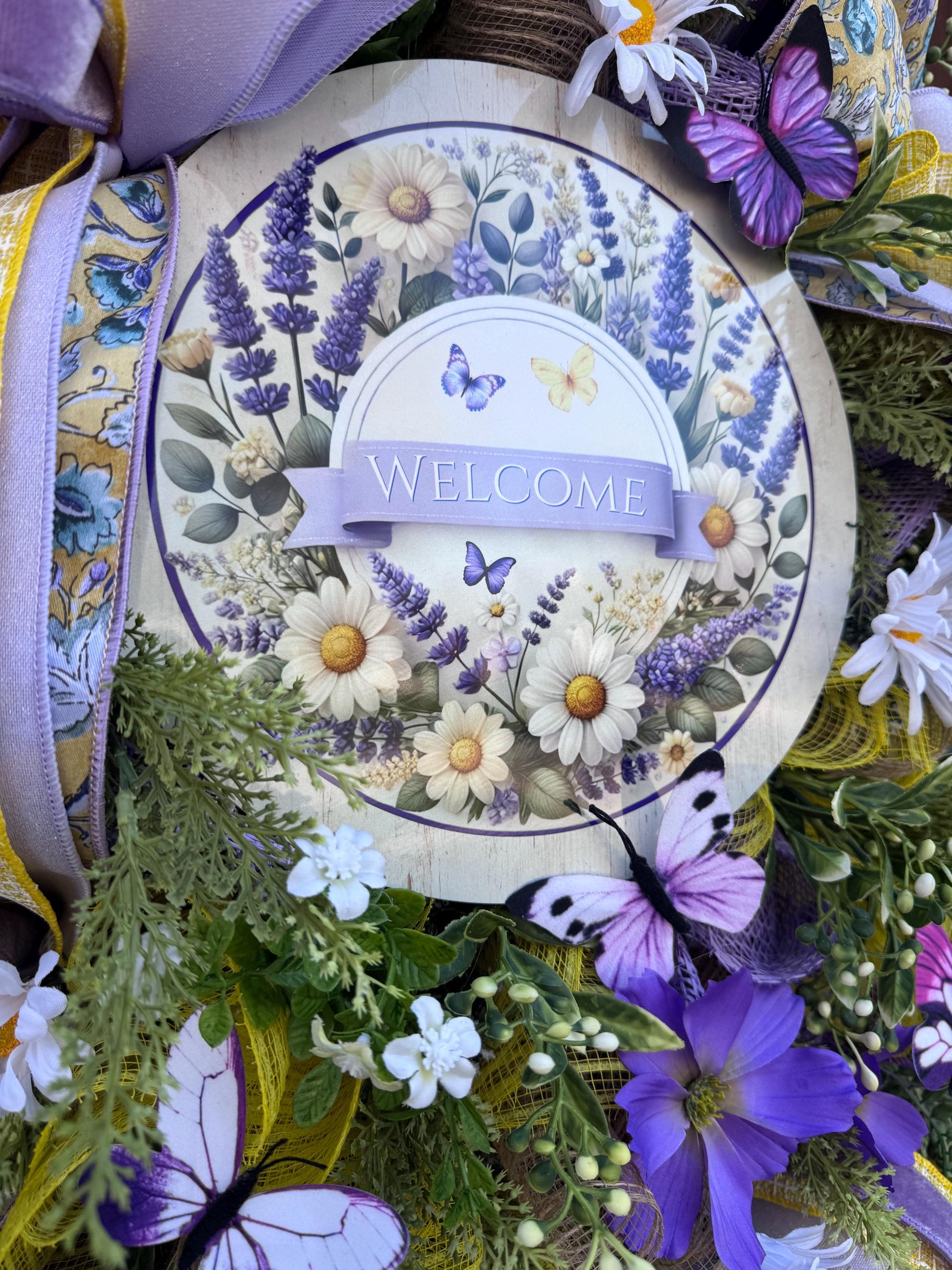 Spring Welcome Wreath for Front Door, Lavender Daisy Butterfly Wreath, Outdoor Porch Floral Wall Hanging Decor, Summer Home Decor Accent