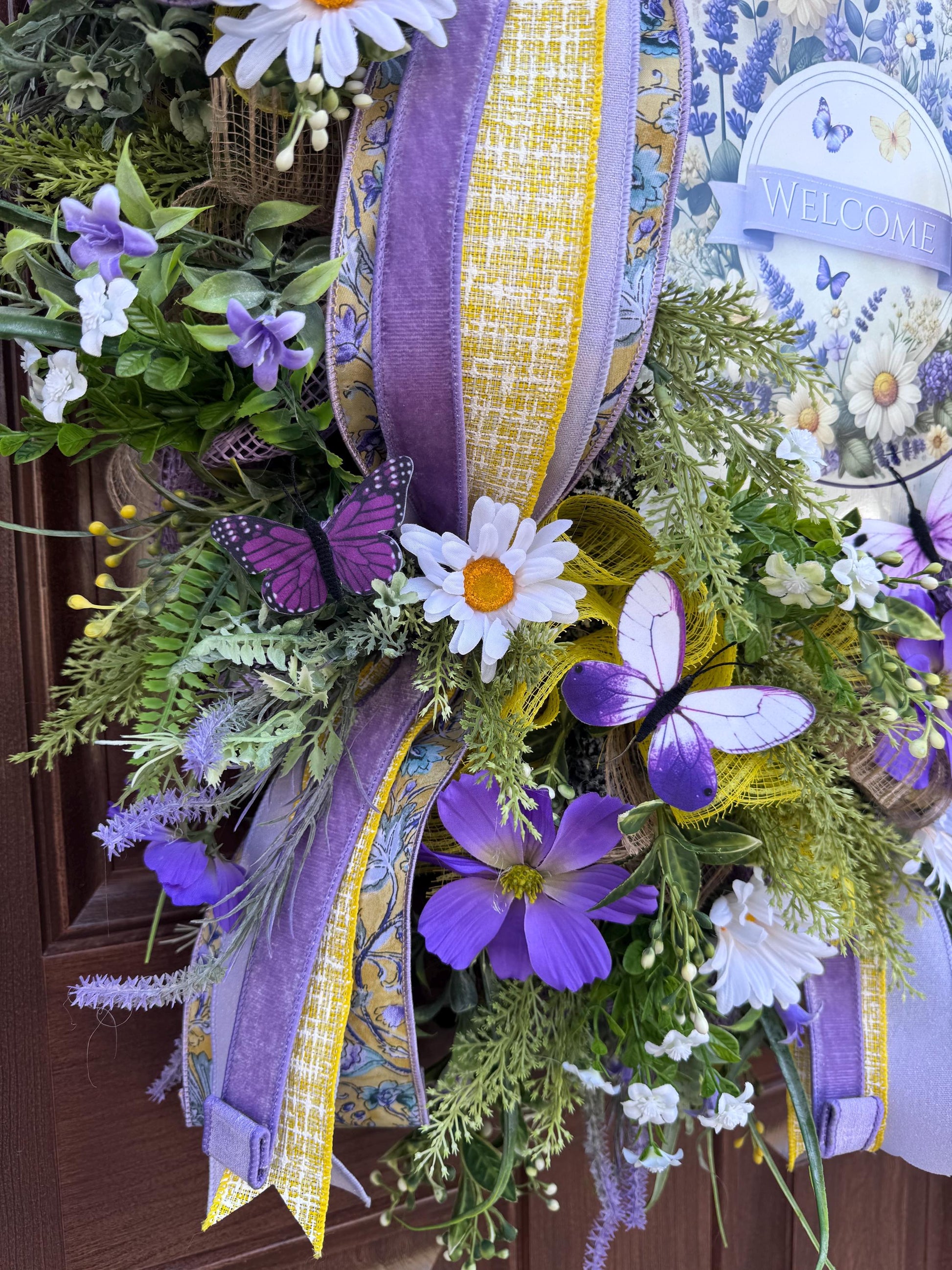 Spring Welcome Wreath for Front Door, Lavender Daisy Butterfly Wreath, Outdoor Porch Floral Wall Hanging Decor, Summer Home Decor Accent