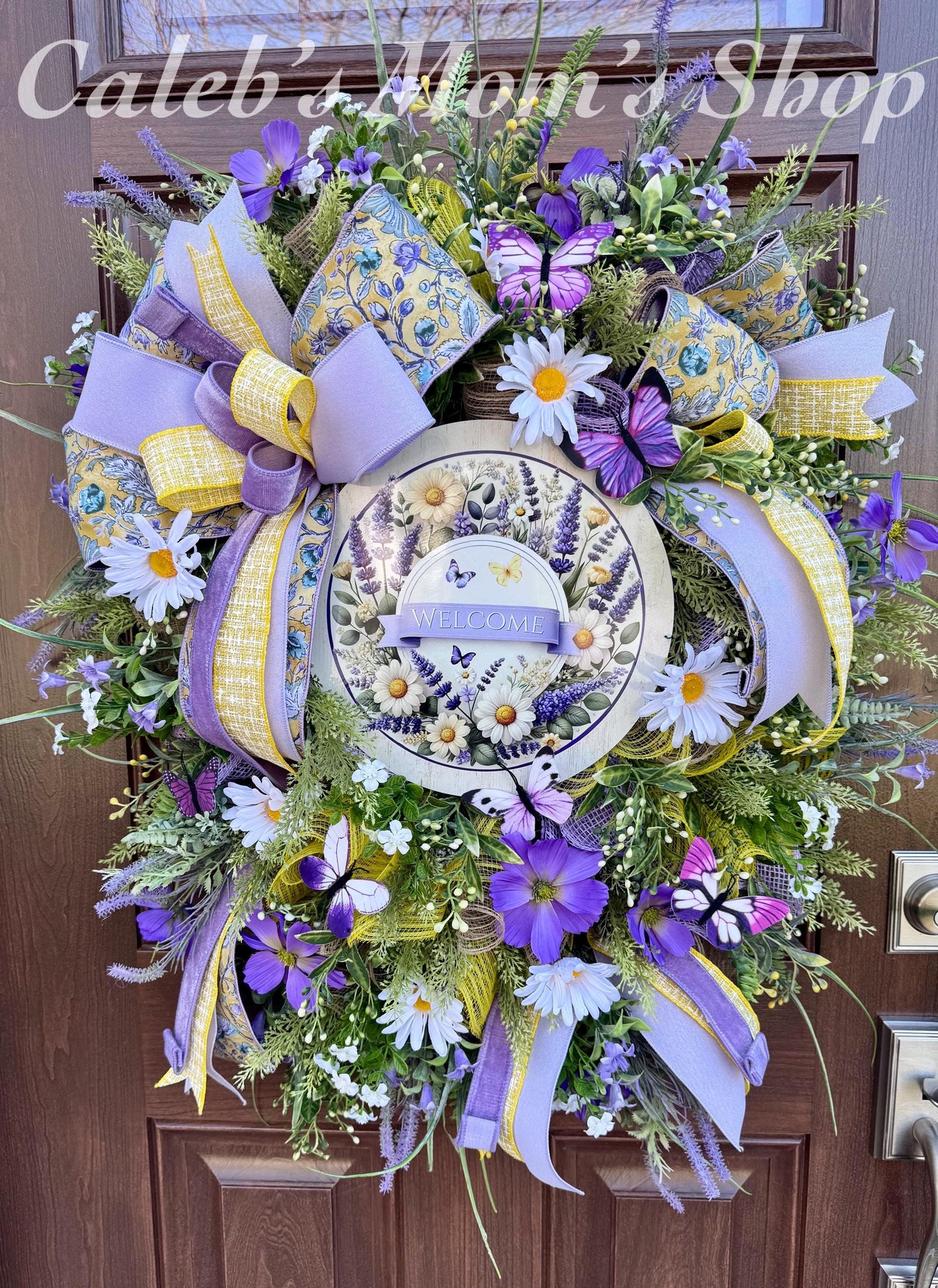 Spring Welcome Wreath for Front Door, Lavender Daisy Butterfly Wreath, Outdoor Porch Floral Wall Hanging Decor, Summer Home Decor Accent