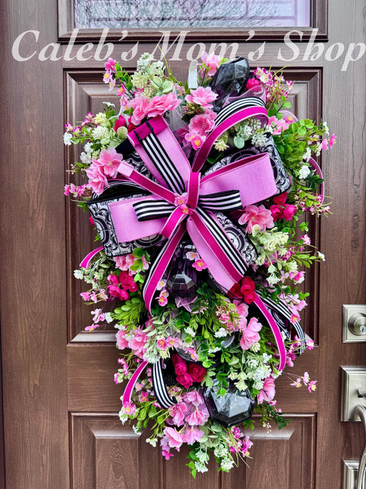 Elegant Pink and Black Jewel Swag Wreath for Front Door, Glam Floral Wreath for Outdoor Porch or Indoor Wall Hanger, Mothers Day Gift