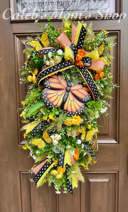 Monarch Butterfly Swag Wreath for Front Door, Summer Home Decor for Outdoor Porch, Floral Butterfly Decor, Everyday Wreath Gift for Her