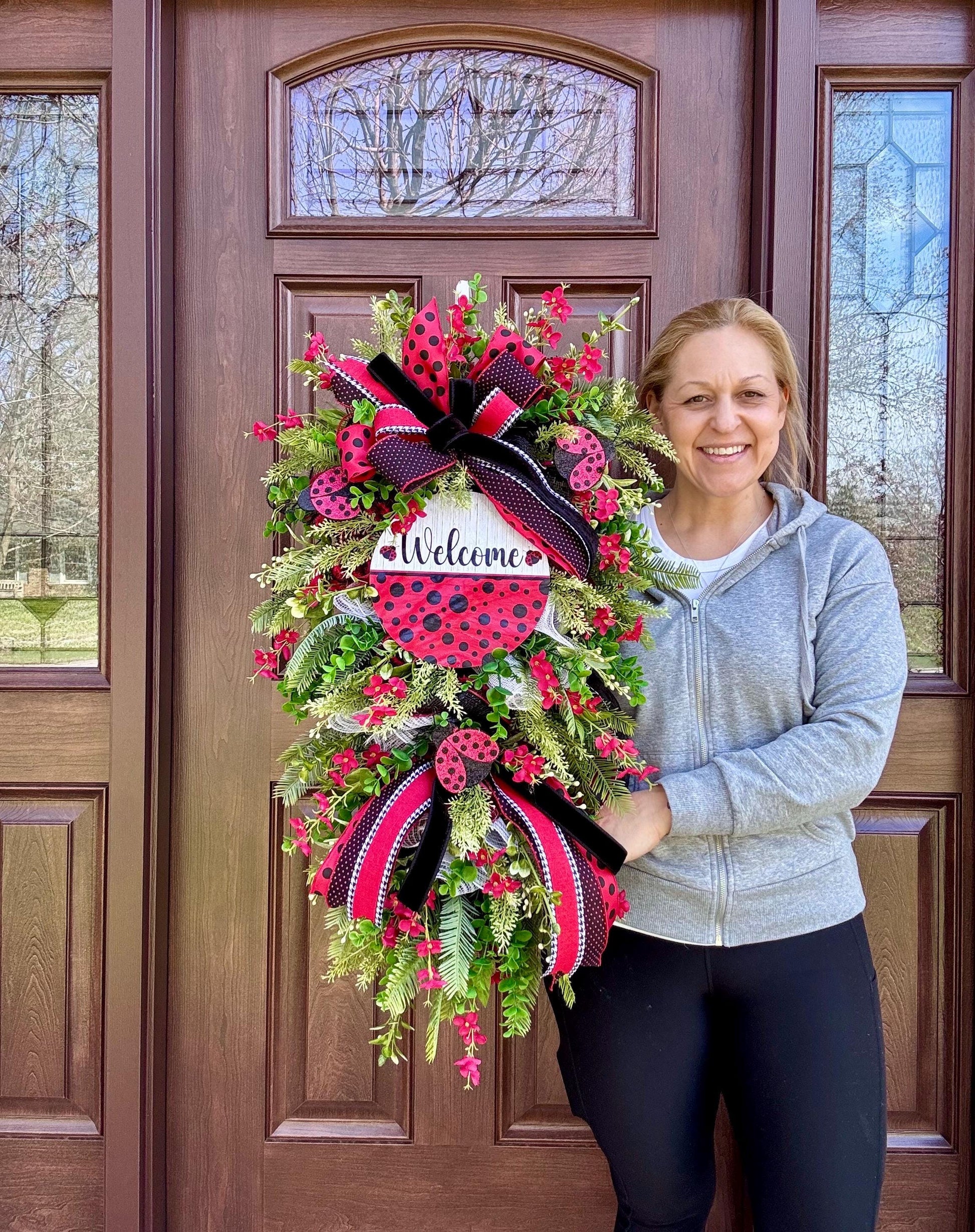 Ladybug Swag Wreath for Front Door, Spring Summer Wreath for Outdoor Porch or Indoor Office Wall Hanging, Summer Home Decor for Front Entry