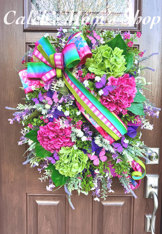 Spring Butterfly Wreath, Summer Front Door Decor, XL Hydrangea Wreath for Outdoor Porch or Indoor Office Wall Hanging, Bright Floral Wreath
