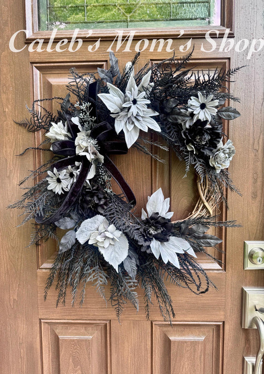 Gothic Halloween Wreath for Front Door, Black and Grey Fall Home Decor for Outdoor Porch or Indoor Office Wall Hanging Goth, Halloween Decor