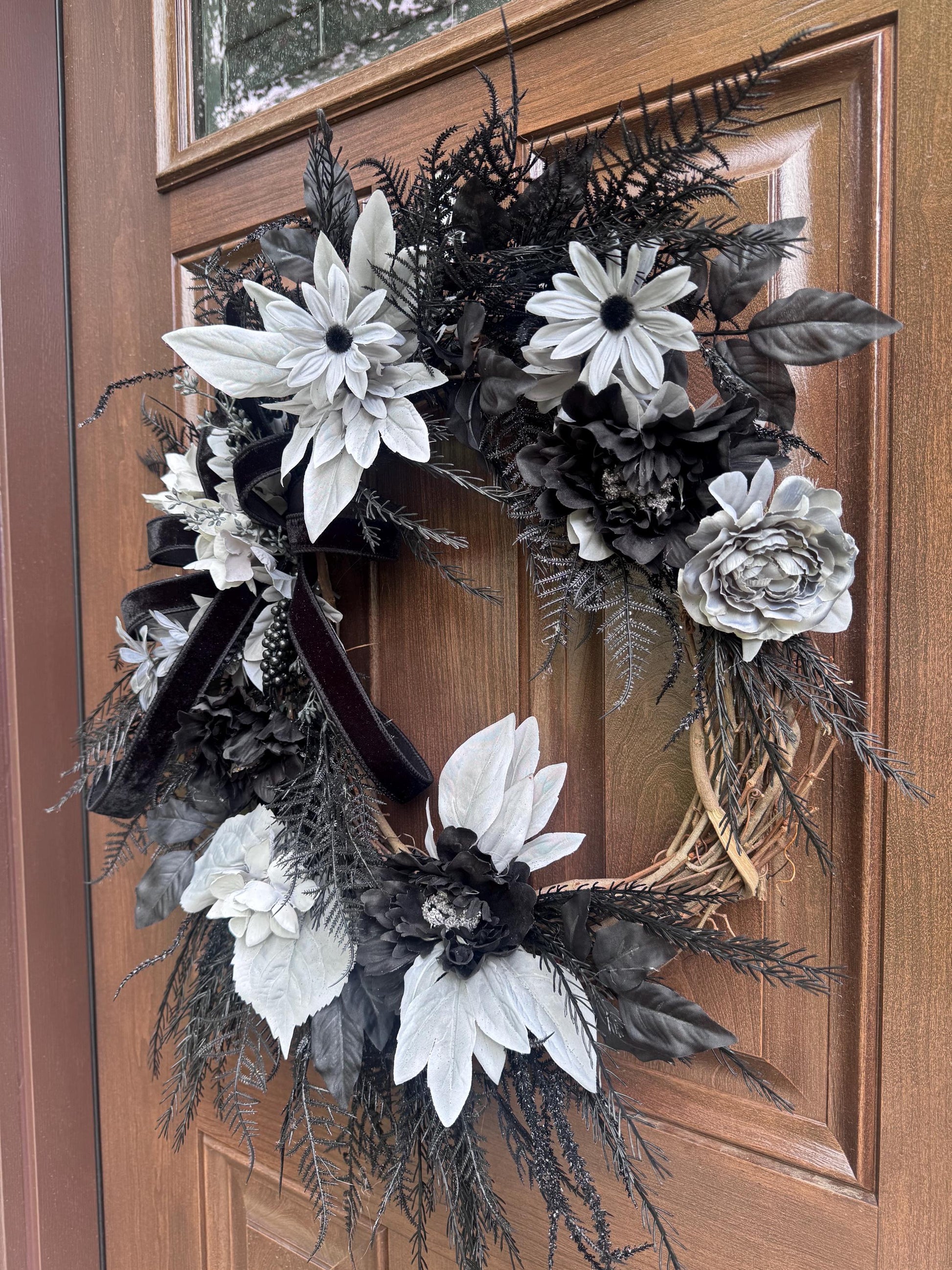Gothic Halloween Wreath for Front Door, Black and Grey Fall Home Decor for Outdoor Porch or Indoor Office Wall Hanging Goth, Halloween Decor