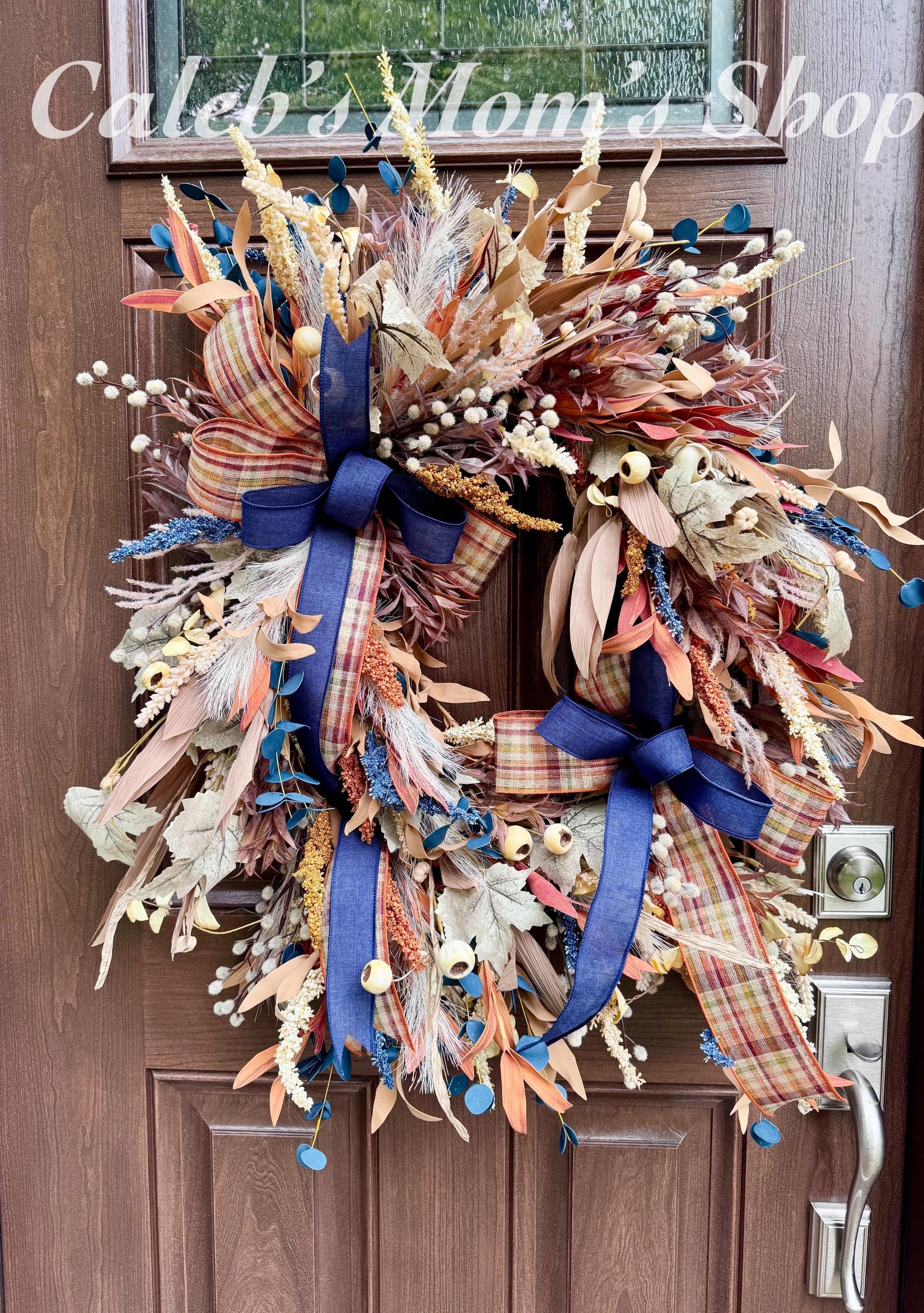 Boho Fall Grapevine Wreath with Double Bows | Pampas and Dried Floral Door Decor | Rustic Autumn Front Door Wreath | Fall Wall Decoration