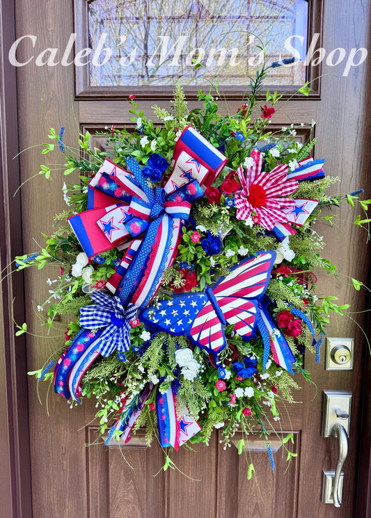 Patriotic Butterfly Wreath for Front Door, 4th of July Home Decor for Outdoor Porch or Indoor Office Wall, XL Floral Wreath Gift for Her