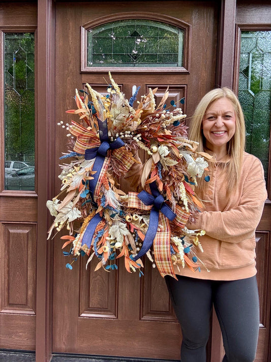 Boho Fall Grapevine Wreath with Double Bows | Pampas and Dried Floral Door Decor | Rustic Autumn Front Door Wreath | Fall Wall Decoration