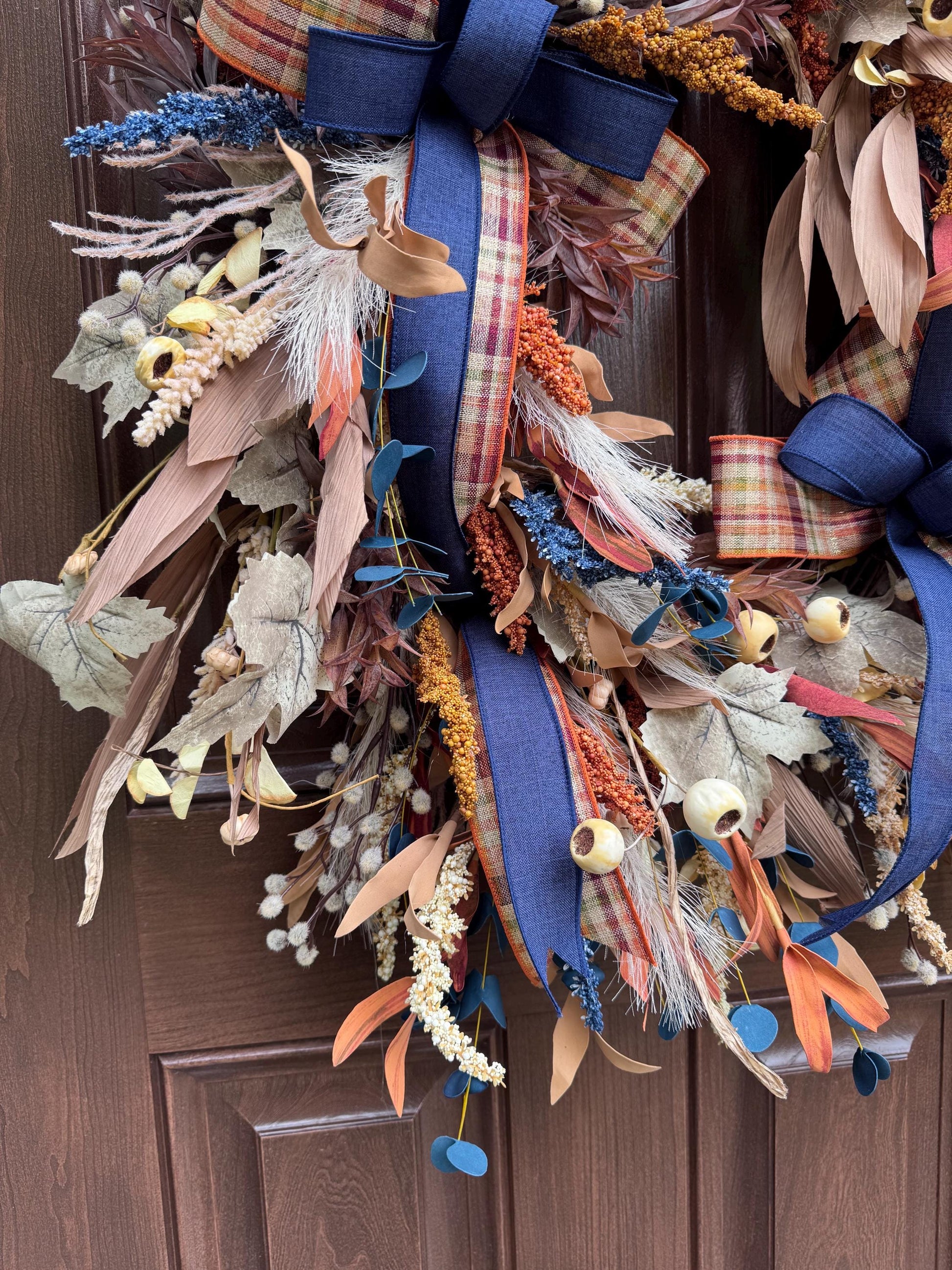 Boho Fall Grapevine Wreath with Double Bows | Pampas and Dried Floral Door Decor | Rustic Autumn Front Door Wreath | Fall Wall Decoration
