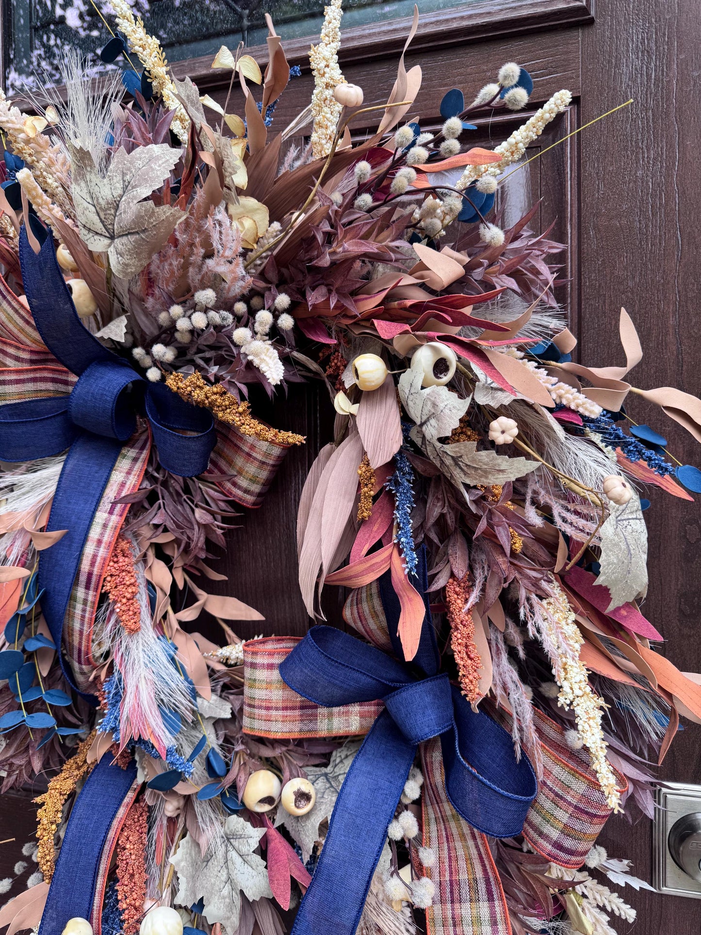 Boho Fall Grapevine Wreath with Double Bows | Pampas and Dried Floral Door Decor | Rustic Autumn Front Door Wreath | Fall Wall Decoration