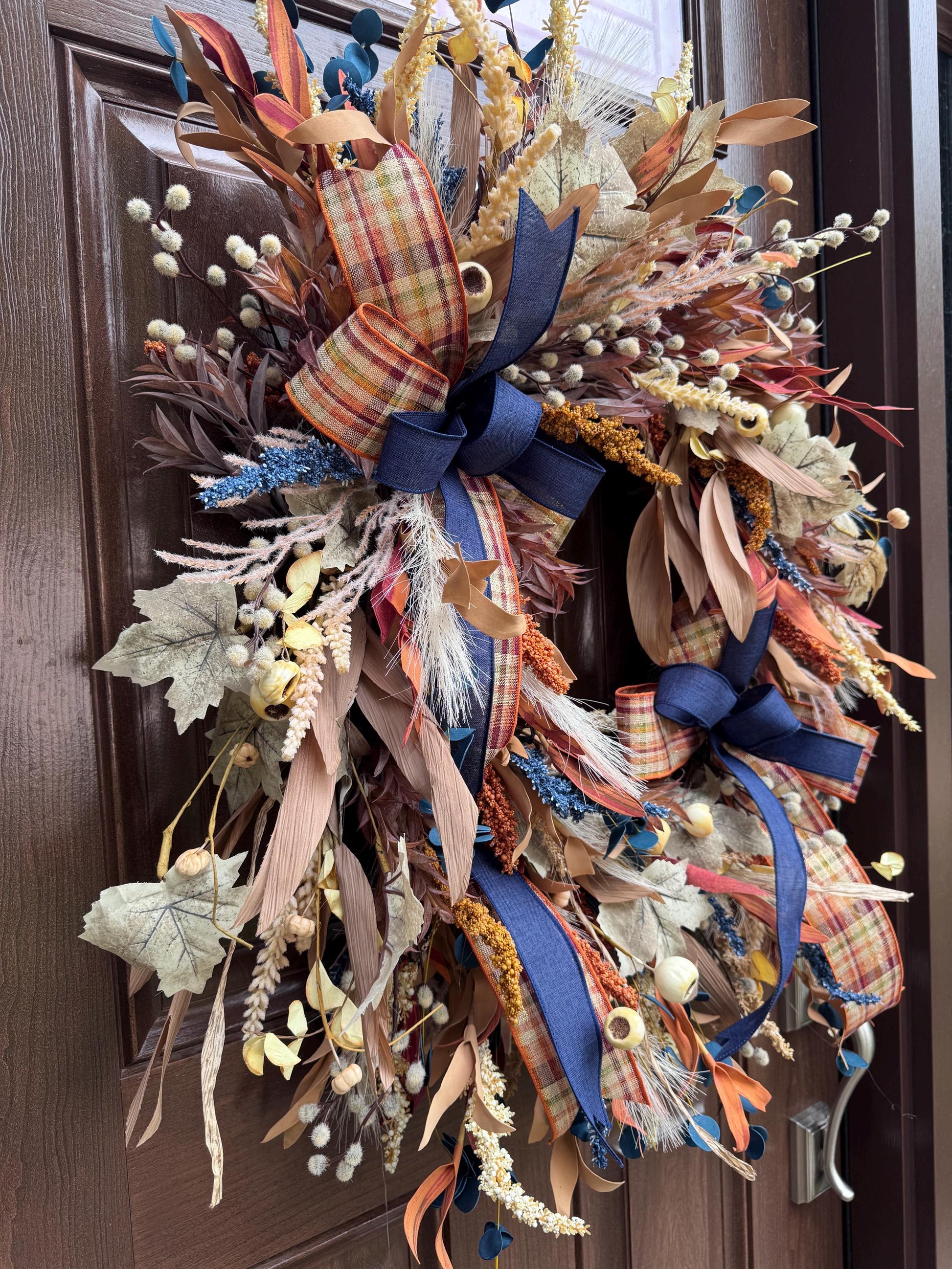 Boho Fall Grapevine Wreath with Double Bows | Pampas and Dried Floral Door Decor | Rustic Autumn Front Door Wreath | Fall Wall Decoration