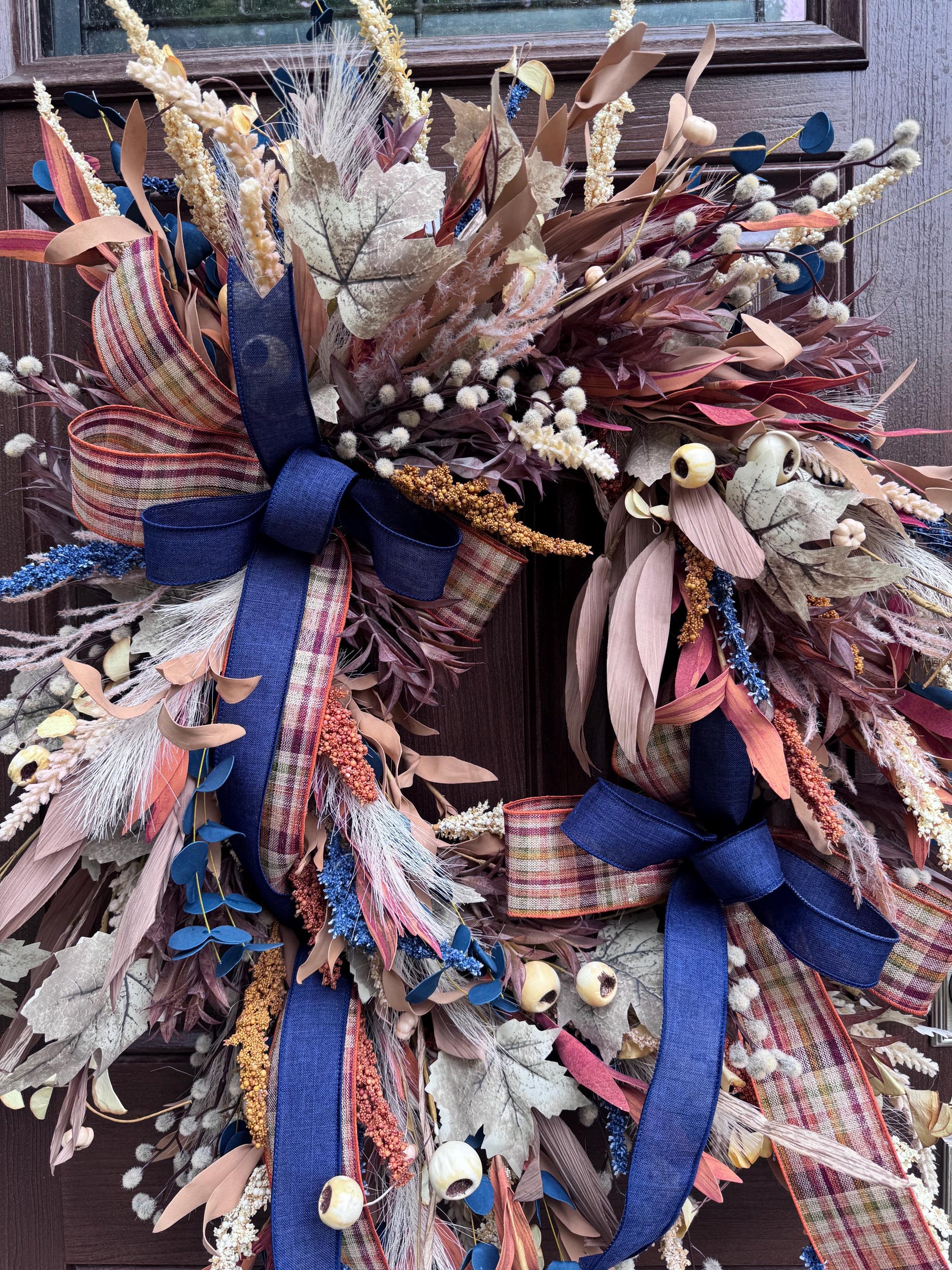 Boho Fall Grapevine Wreath with Double Bows | Pampas and Dried Floral Door Decor | Rustic Autumn Front Door Wreath | Fall Wall Decoration