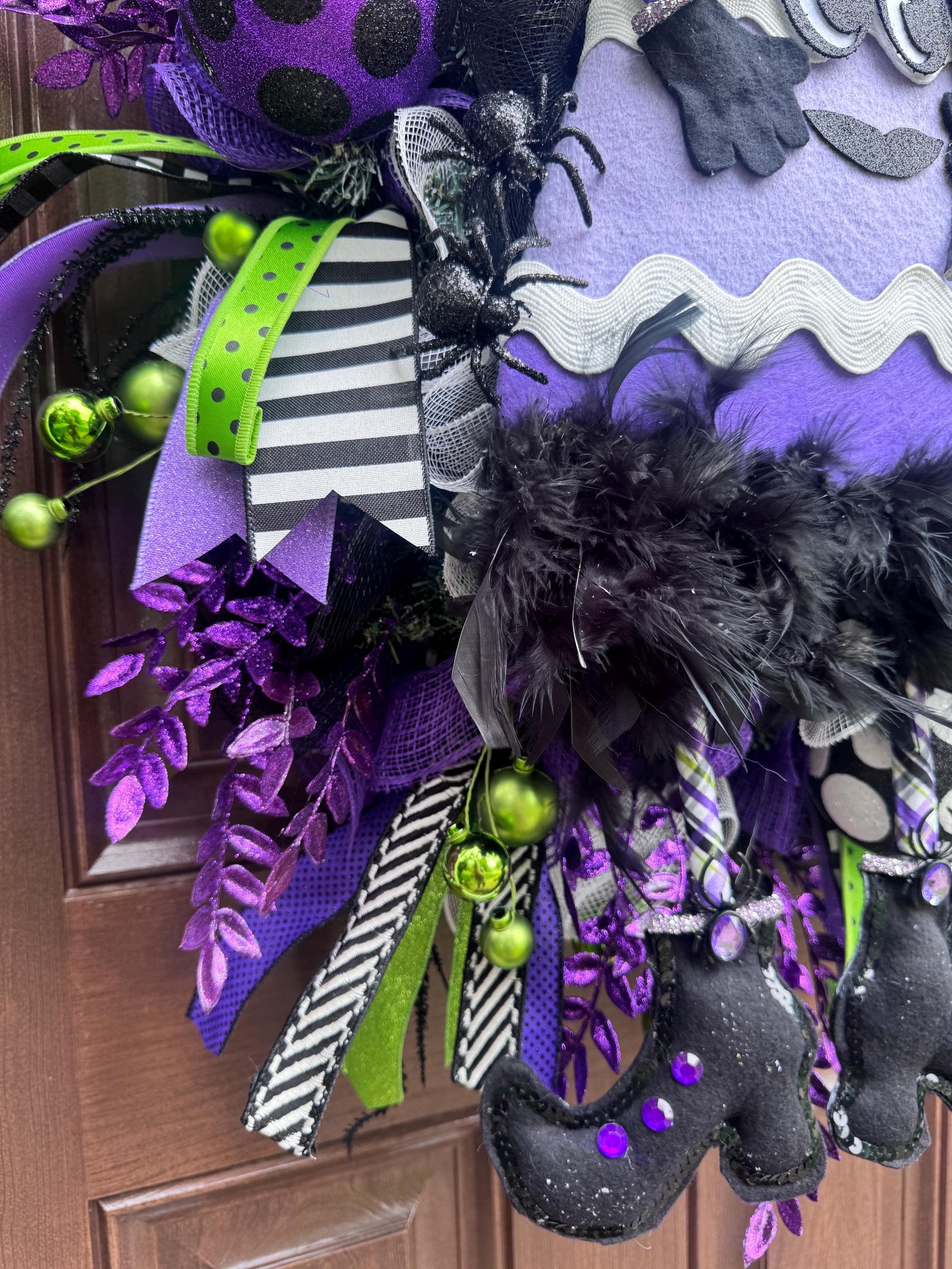 Halloween Purple Witch Wreath, Cute Halloween Wreath, Candy Corn Door Hanger, Purple and Green Halloween Party Decor, Halloween Home Decor