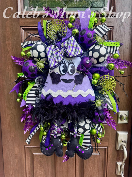 Halloween Purple Witch Wreath, Cute Halloween Wreath, Candy Corn Door Hanger, Purple and Green Halloween Party Decor, Halloween Home Decor