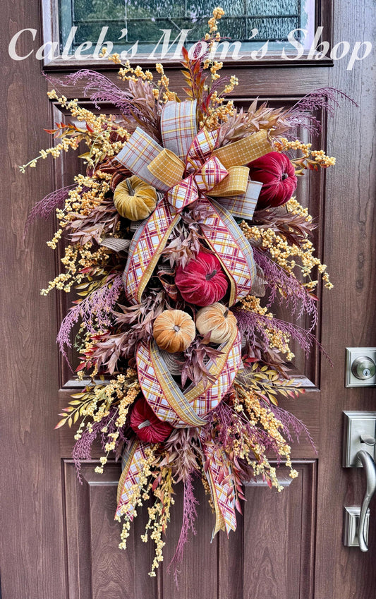 Rustic Fall Pumpkin Swag Wreath for Door, Elegant Fall Home Decor for Front Porch or Office Wall Hanger, Fall Hostess Gift For Her Mom