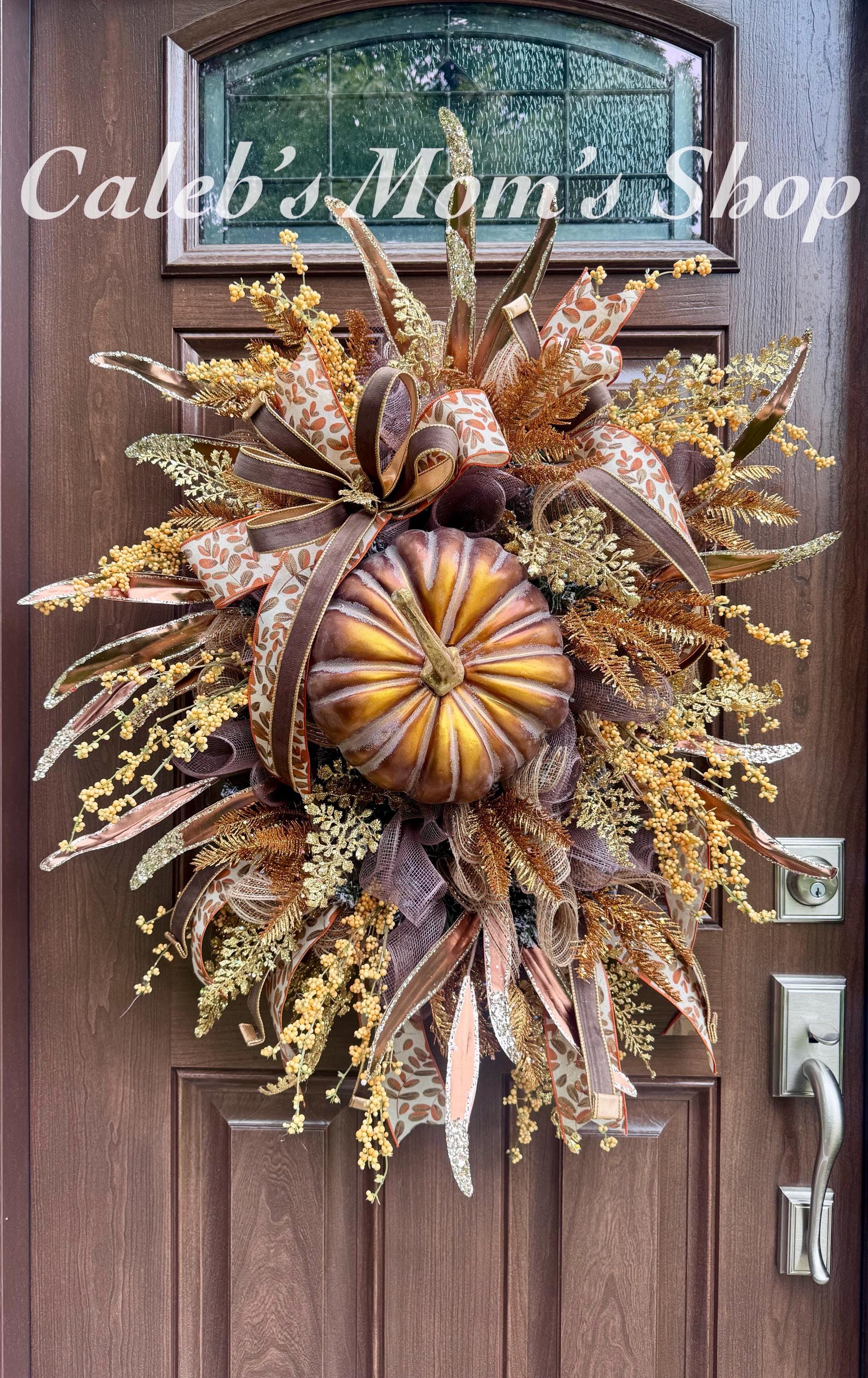 Elegant Fall Pumpkin Wreath for Front Door, Glam Autumn Pumpkin Wreath for Outdoor Porch, Thanksgiving Front Door Wreath Decor, Harvest Glam