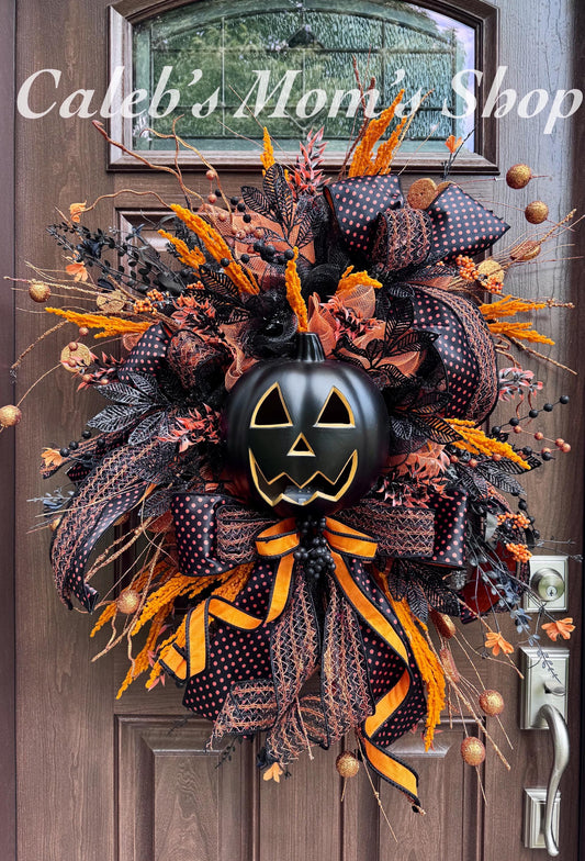 Halloween Jack-O'-Lantern Wreath, Front Door Halloween Decor, Black Orange Fall Wreath, Spooky Porch Decoration for Outdoor Wall Hanging