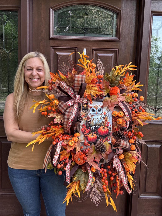 Fall Owl Wreath for Front Door, Autumn Pumpkin Wreath for Outdoor Porch, Woodland Owl Decor, Rustic Fall Door Hanger