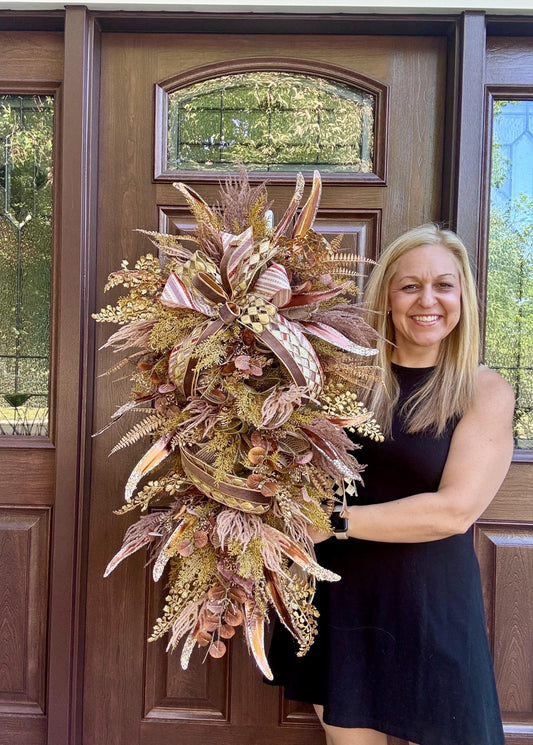 Rustic Fall Door Swag, Elegant Front Door Decor, Glam Autumn Wreath Alternative, Farmhouse Style Accent for Wall Hanger, Gift for Her Mom