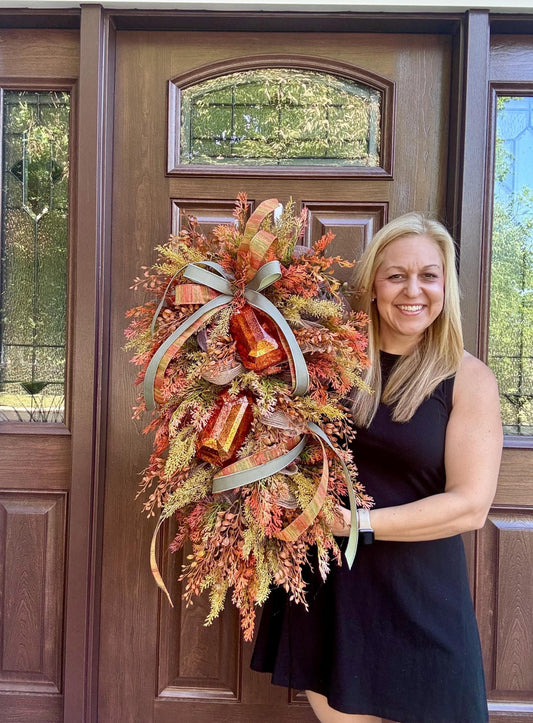 Rustic Fall Swag Wreath, Autumn Jewel Door Decor for Outdoor Porch or Indoor Office Wall Hanger, Farmhouse Swag Door Accent for Home Decor