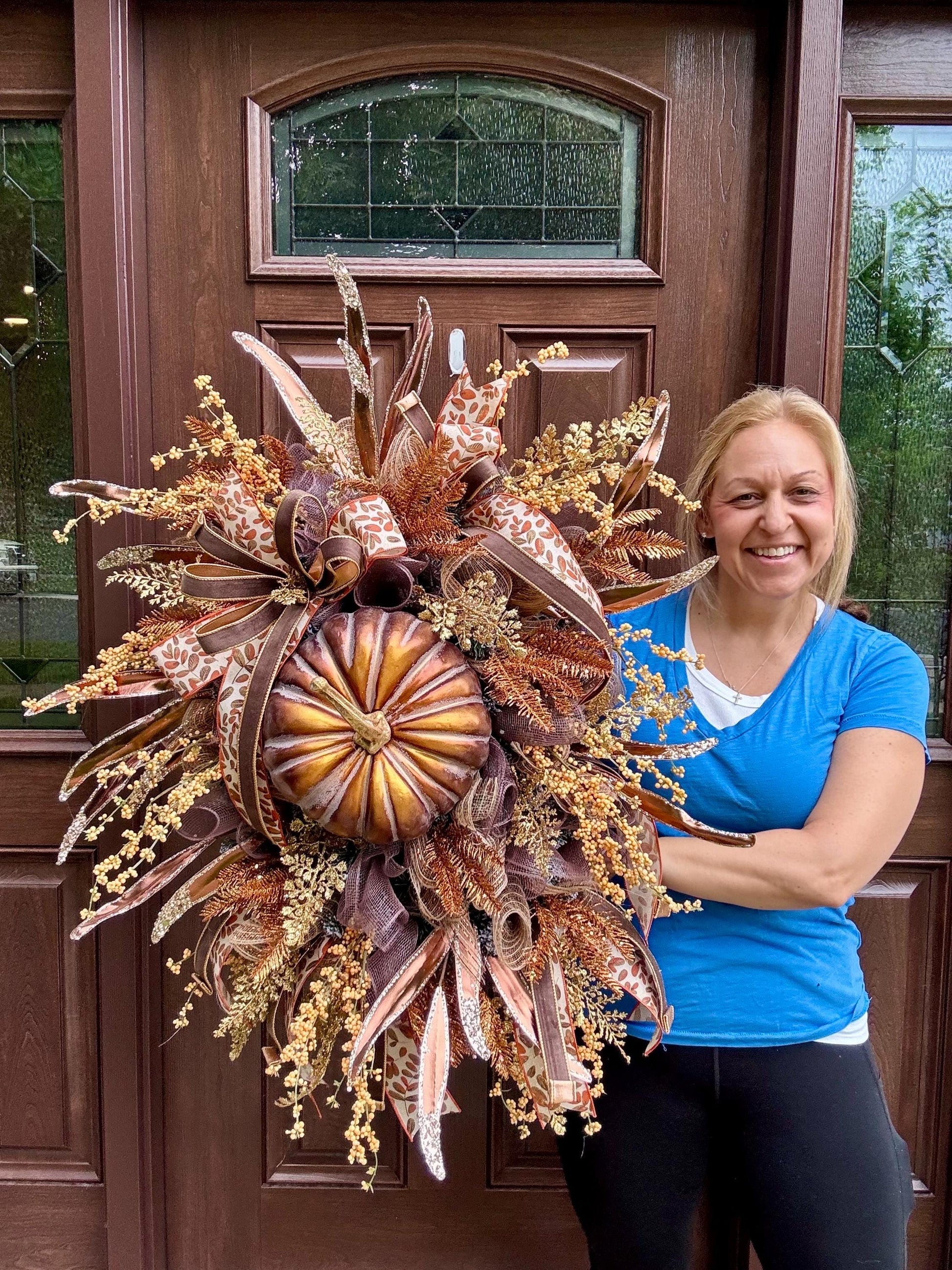 Elegant Fall Pumpkin Wreath for Front Door, Glam Autumn Pumpkin Wreath for Outdoor Porch, Thanksgiving Front Door Wreath Decor, Harvest Glam