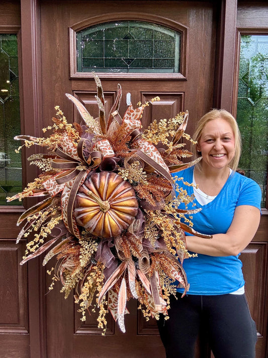 Elegant Fall Pumpkin Wreath for Front Door, Glam Autumn Pumpkin Wreath for Outdoor Porch, Thanksgiving Front Door Wreath Decor, Harvest Glam