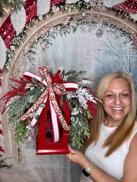 Red Christmas Lantern Arrangement with Holly Ribbon & Winter Greenery, Holiday Table Centerpiece or Mantle Decor, Holiday Decor for Porch