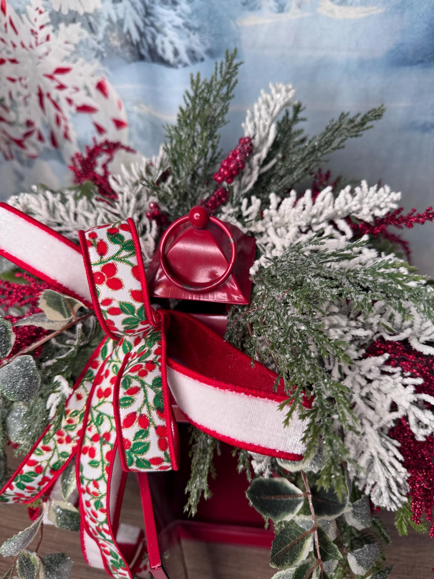 Red Christmas Lantern Arrangement with Holly Ribbon & Winter Greenery, Holiday Table Centerpiece or Mantle Decor, Holiday Decor for Porch